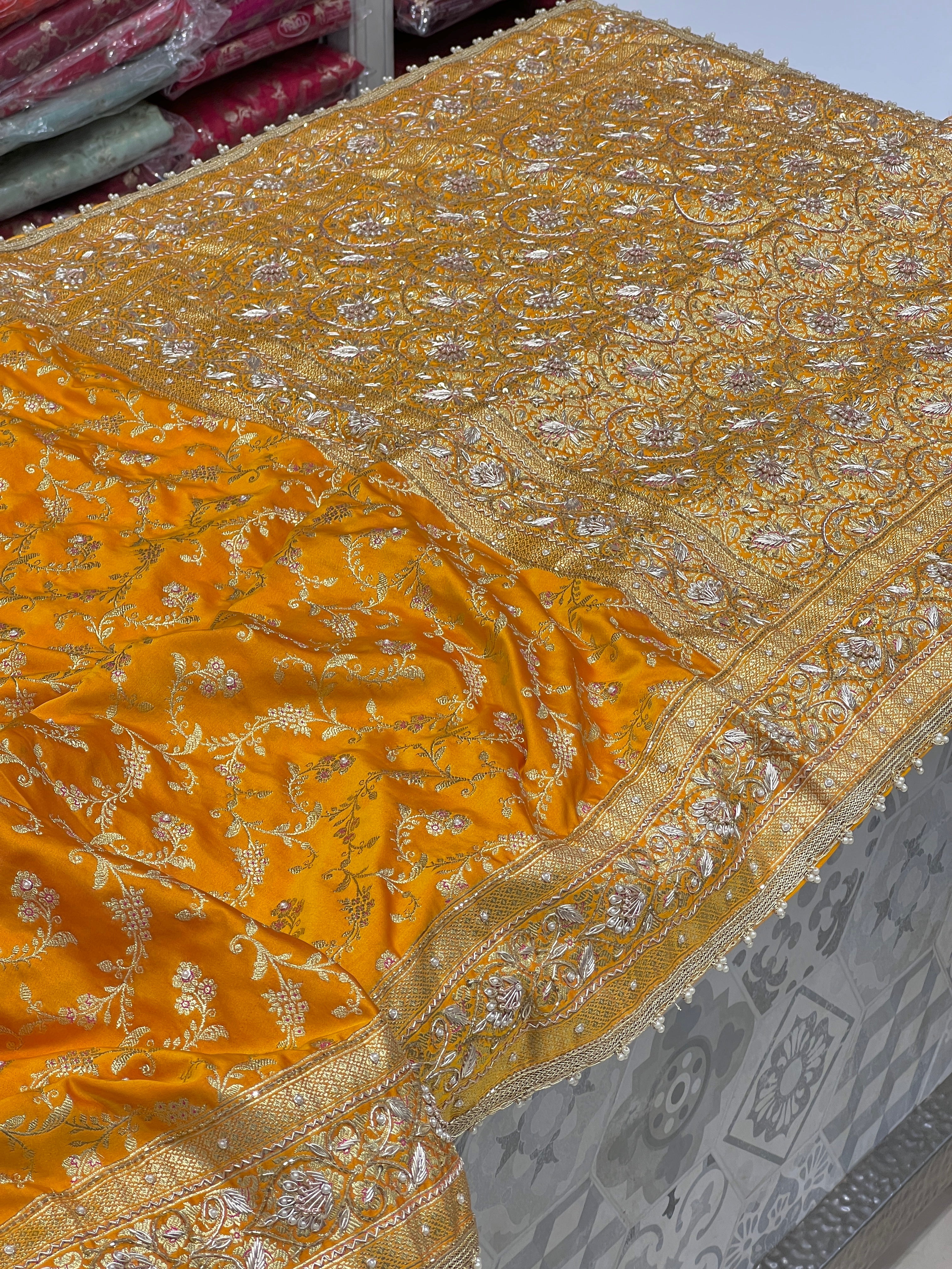 Mango Yellow Banarasi Floral Hand Embroidery Saree