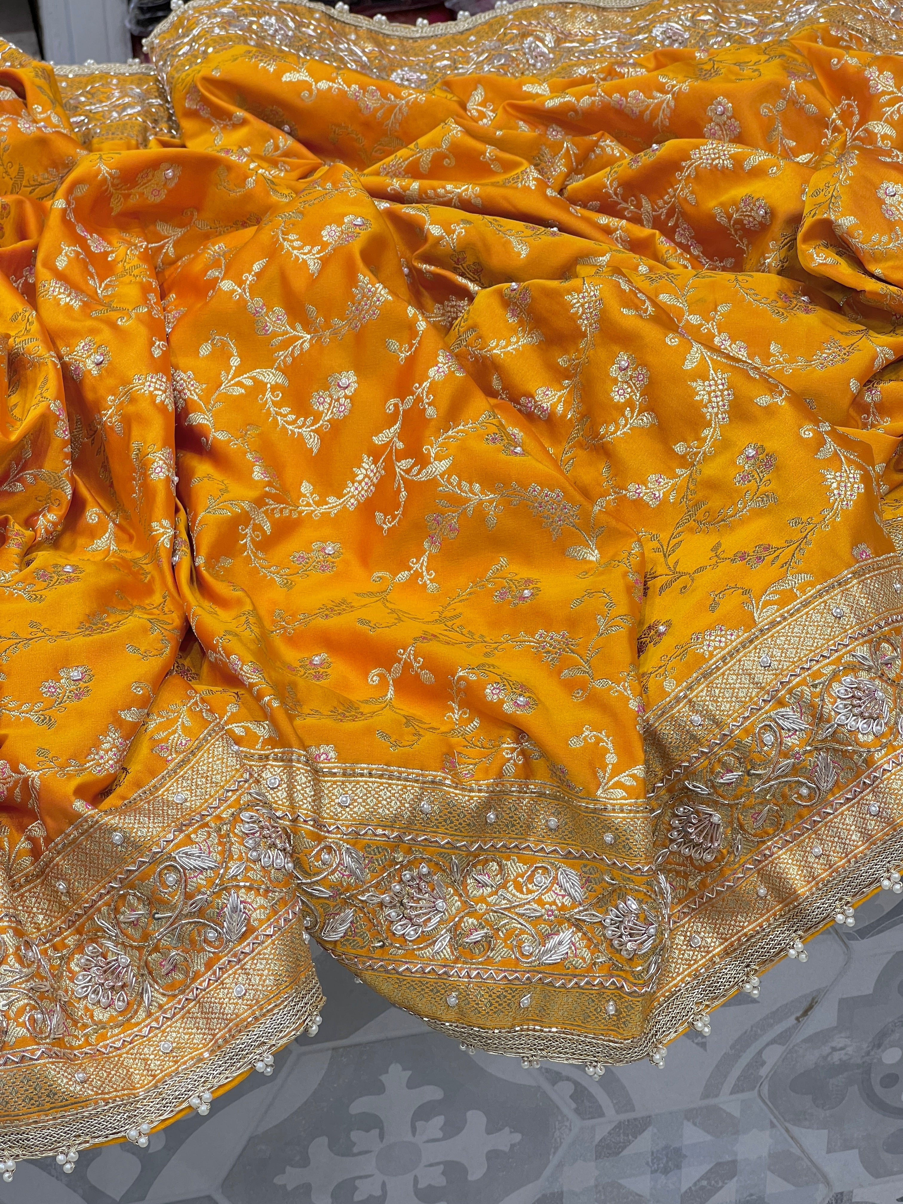 Mango Yellow Banarasi Floral Hand Embroidery Saree