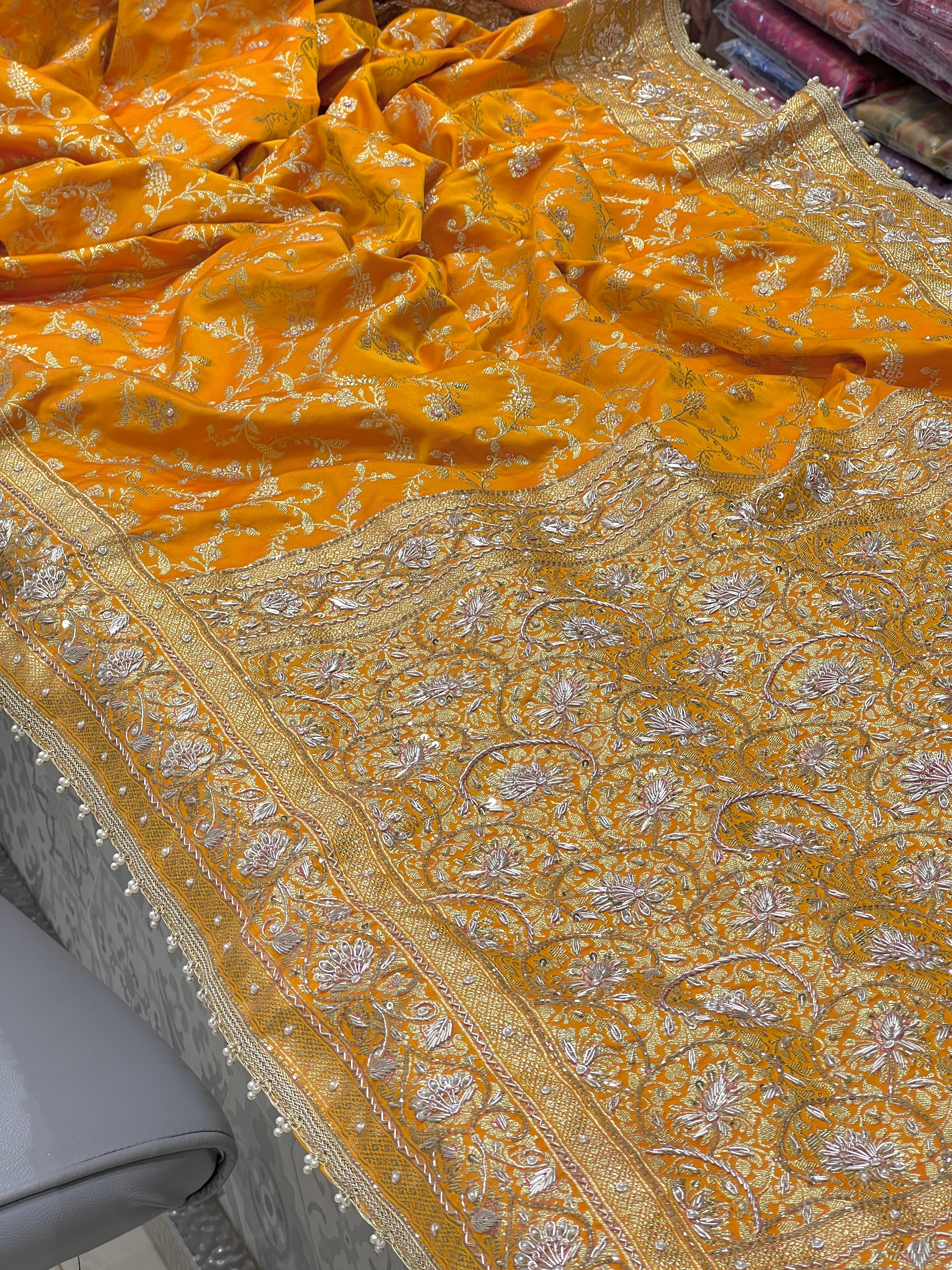 Mango Yellow Banarasi Floral Hand Embroidery Saree