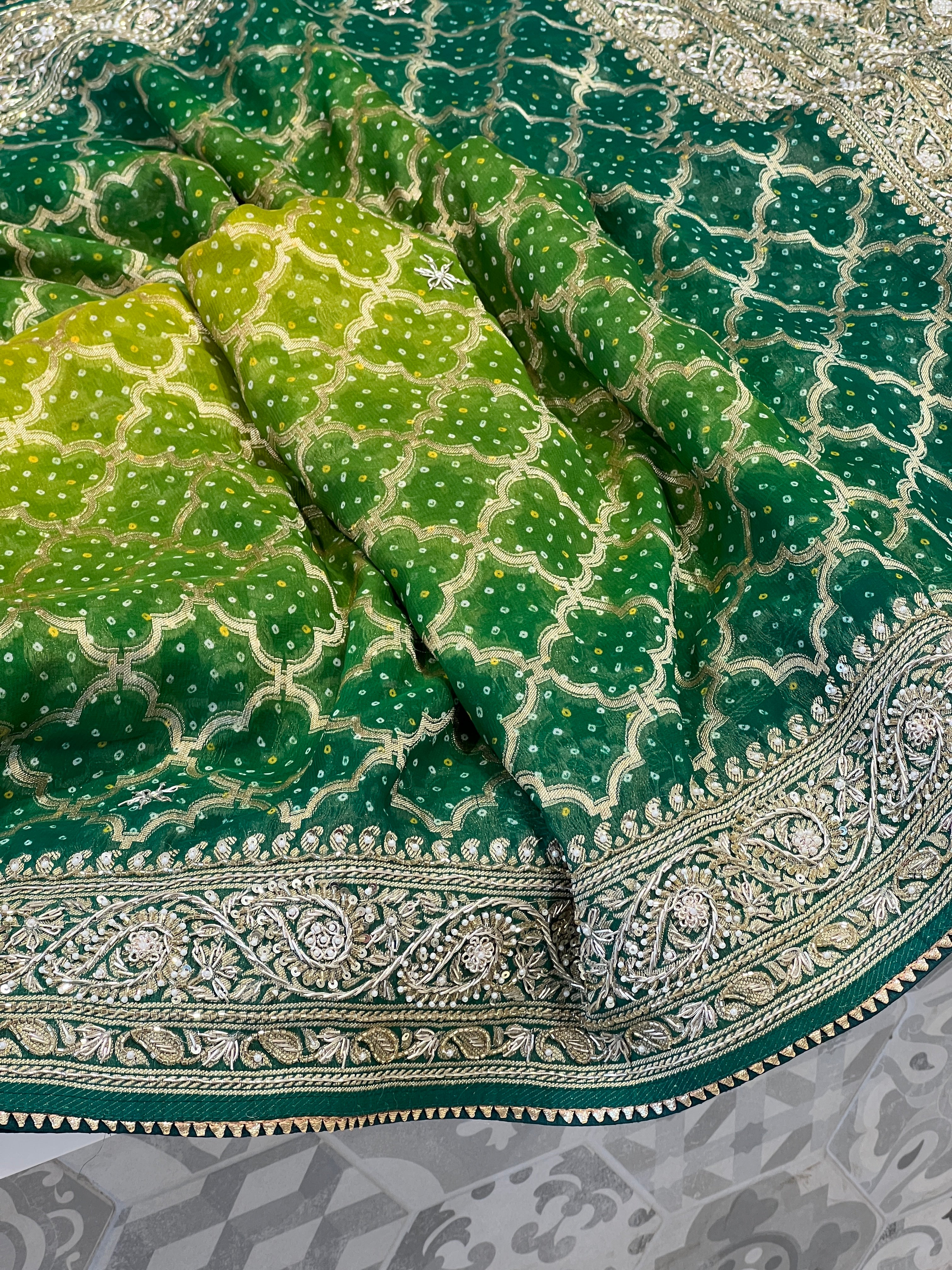 Shaded Green Bandhej Zardozi Embroidery Saree