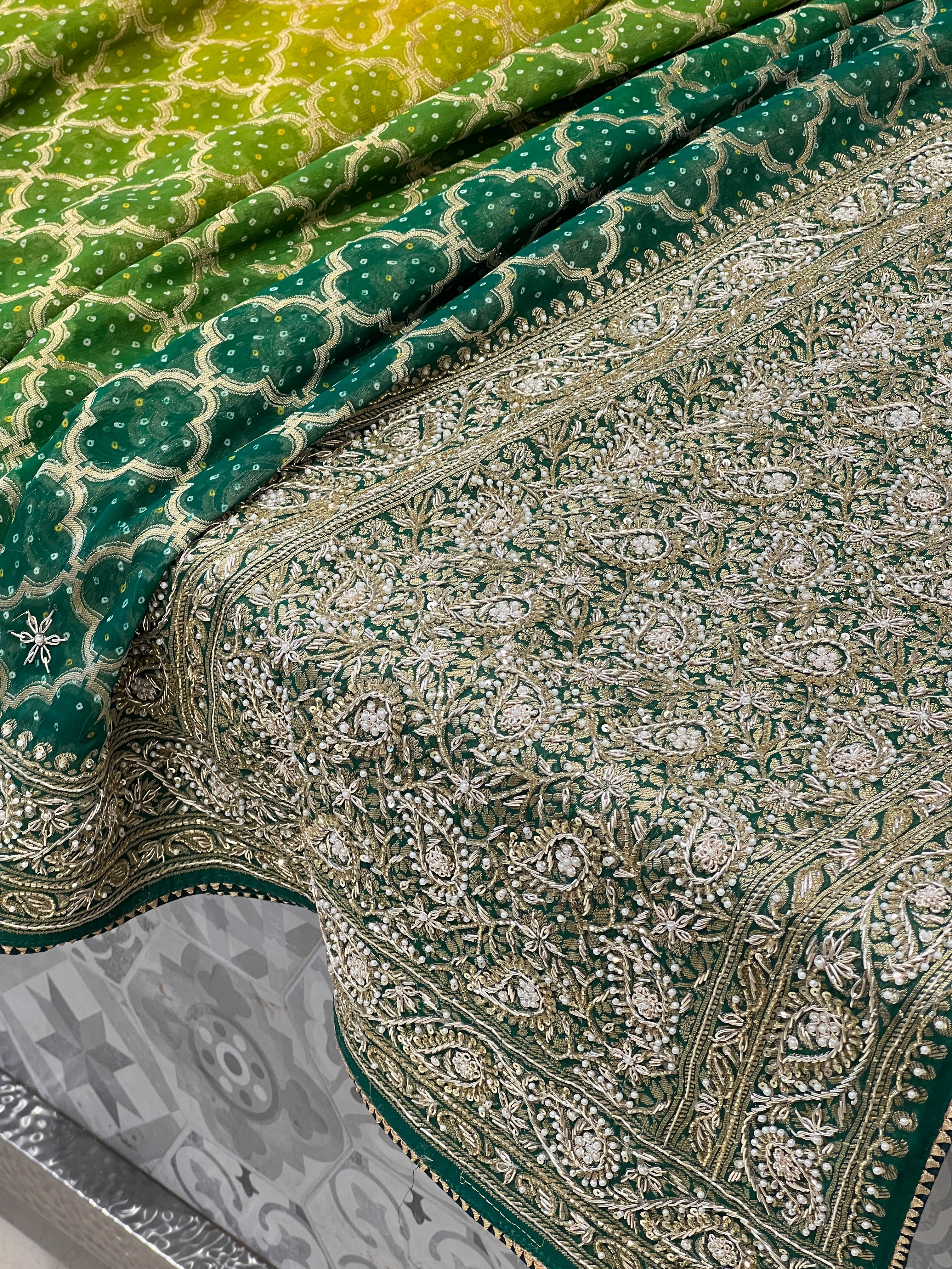 Shaded Green Bandhej Zardozi Embroidery Saree