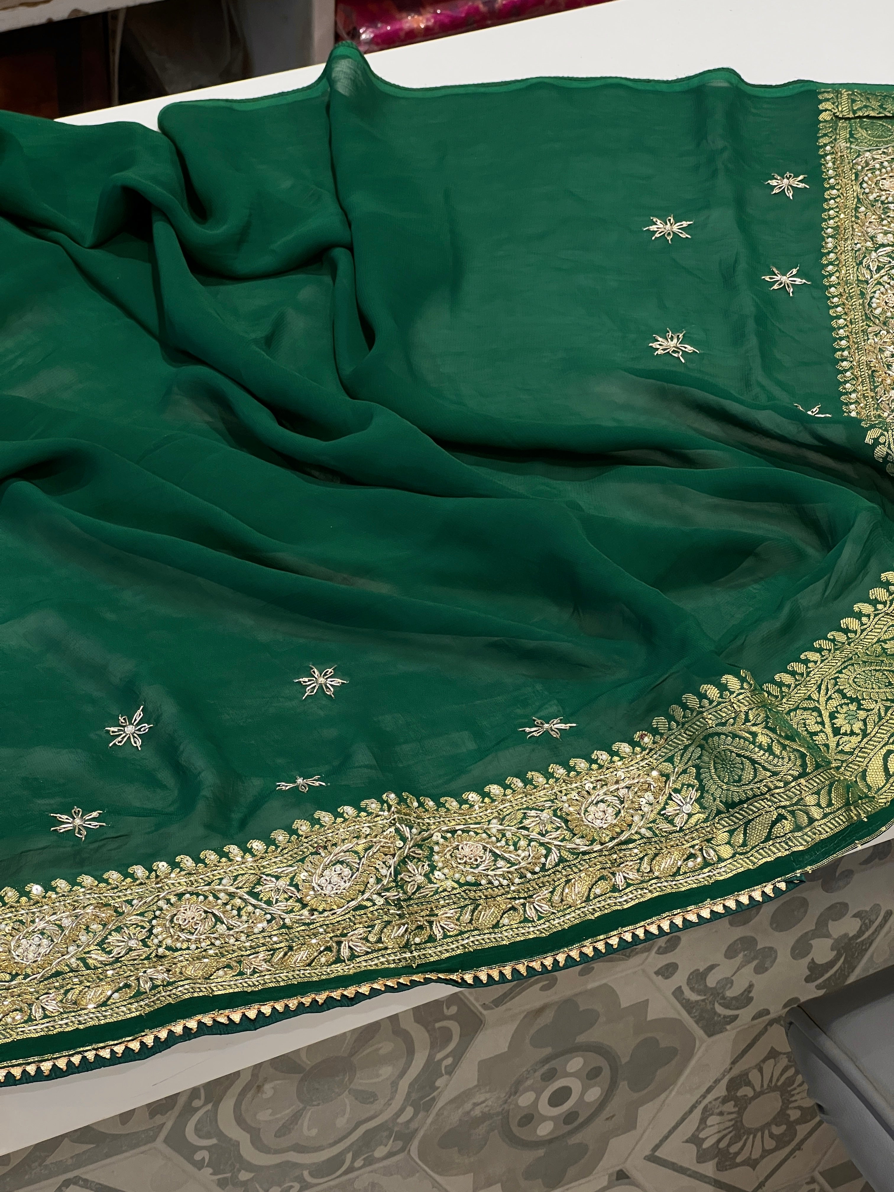 Shaded Green Bandhej Zardozi Embroidery Saree