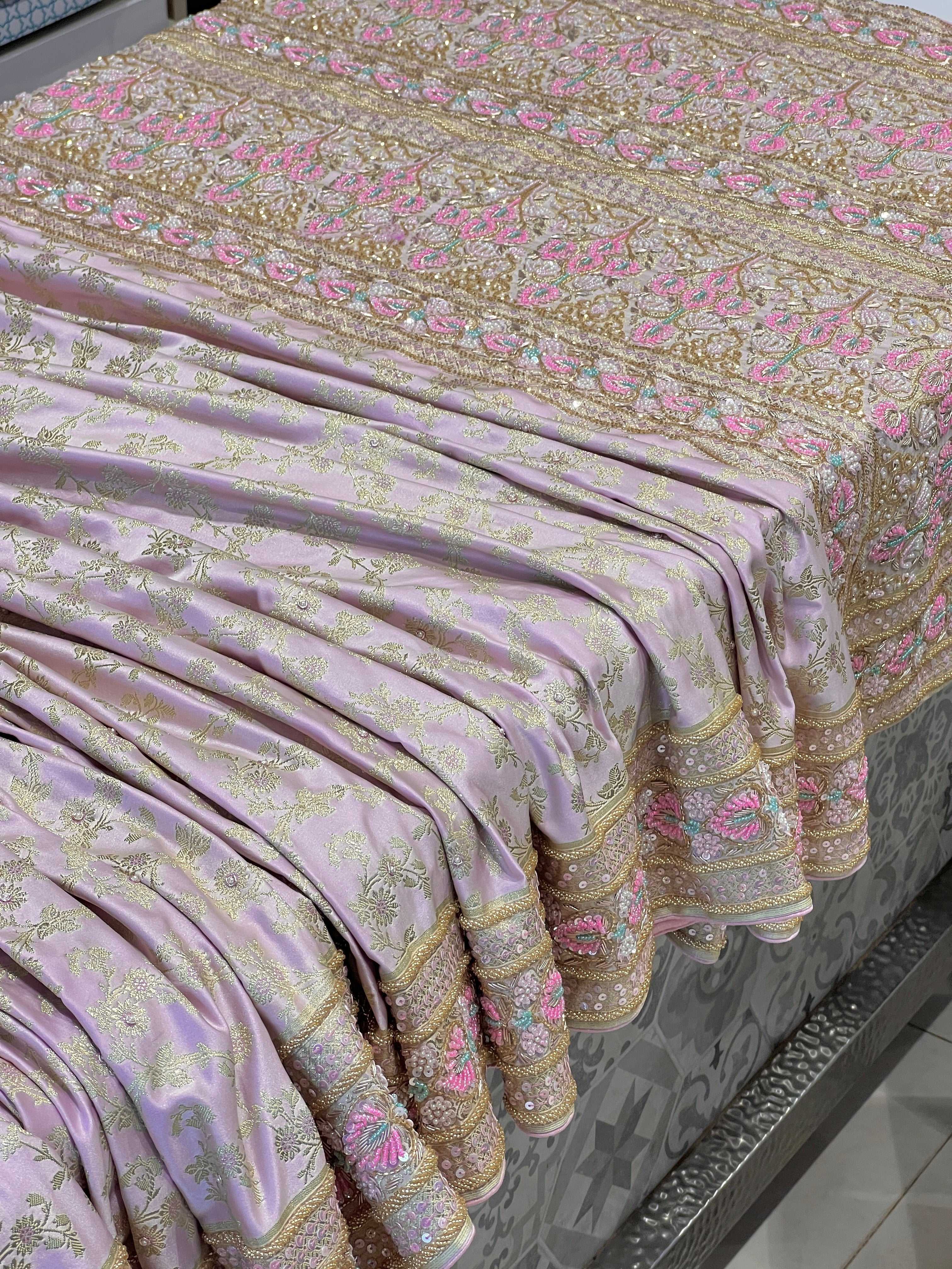 Lilac Banarasi Silk Fancy Hand Embroidered Saree