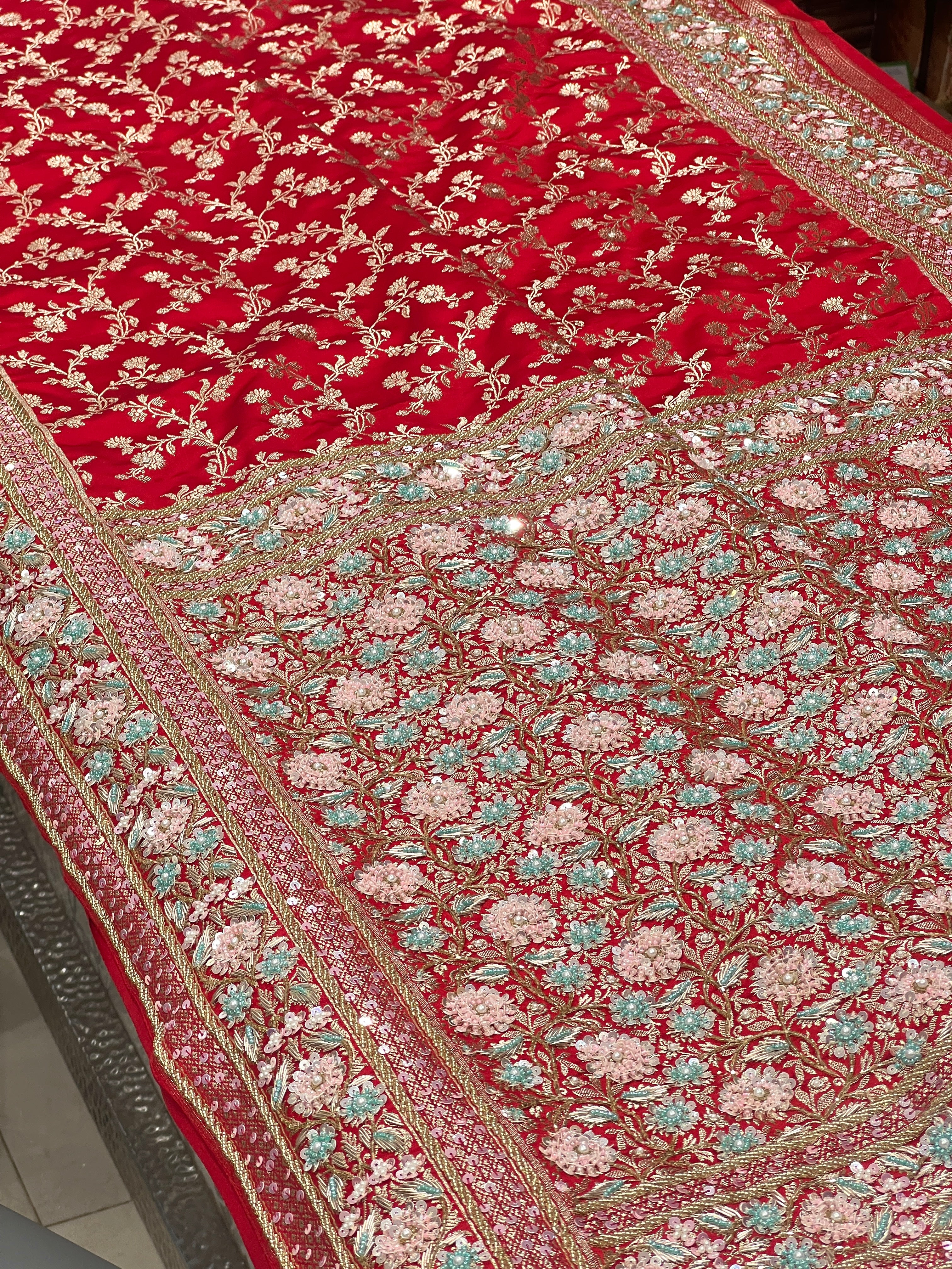 Red Banarasi Silk Flower Border Fancy Hand Embroidery Saree