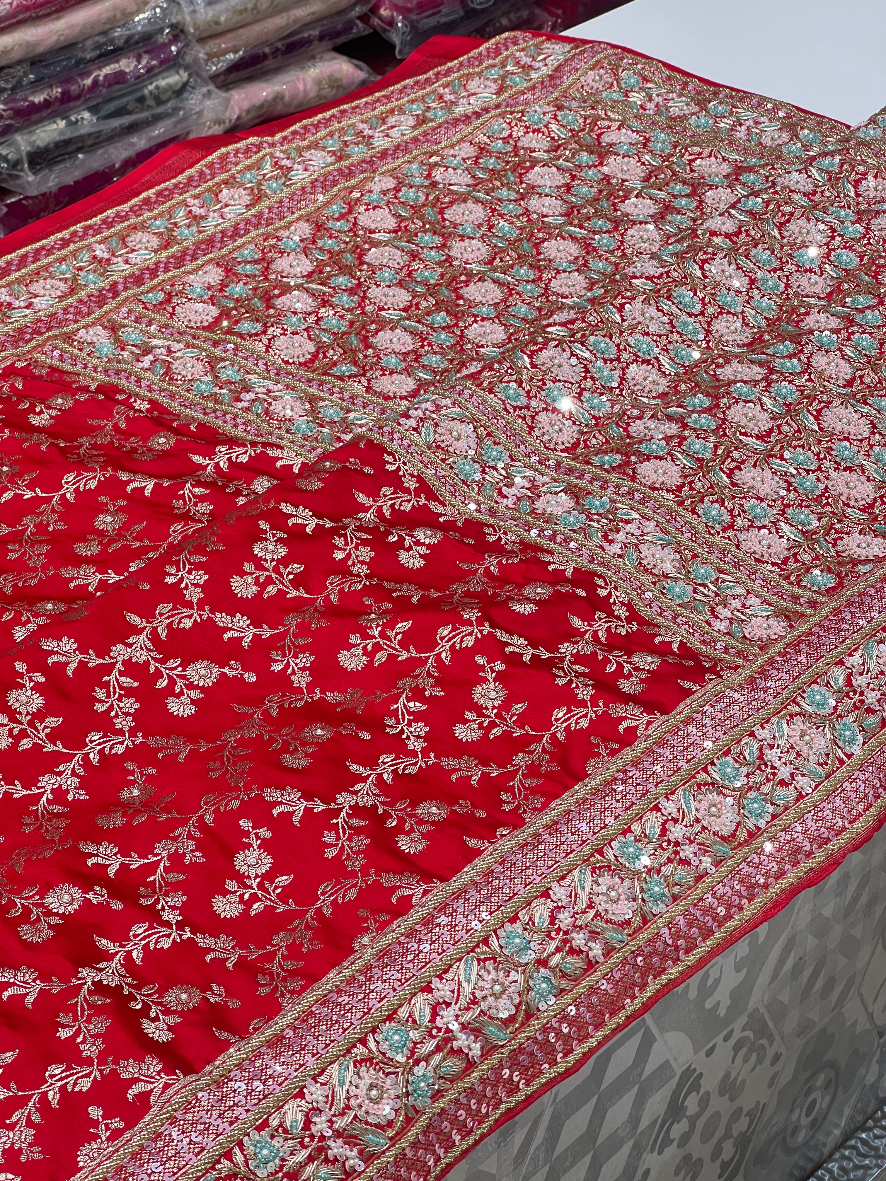 Red Banarasi Silk Flower Border Fancy Hand Embroidery Saree