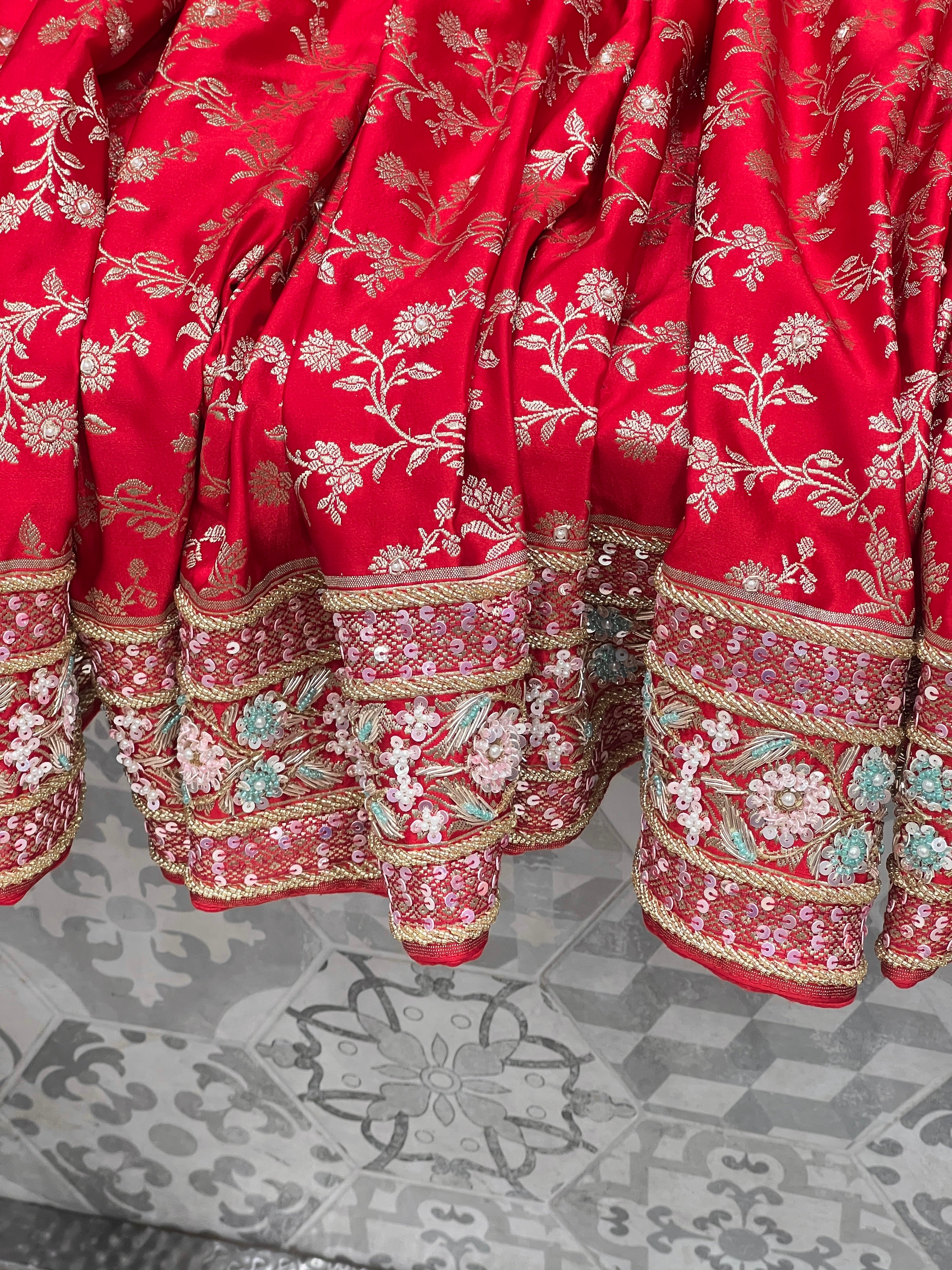 Red Banarasi Silk Flower Border Fancy Hand Embroidery Saree