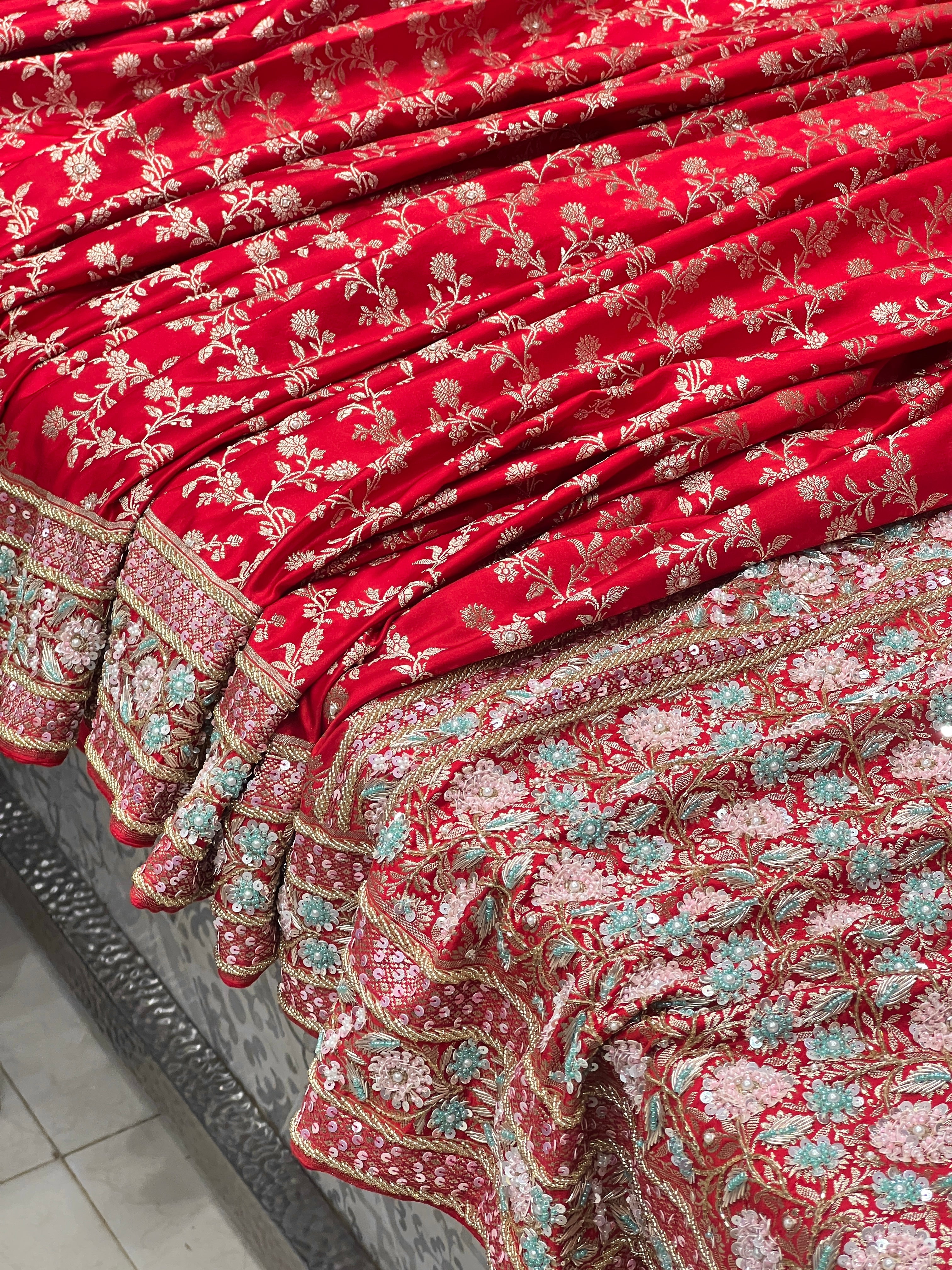 Red Banarasi Silk Flower Border Fancy Hand Embroidery Saree