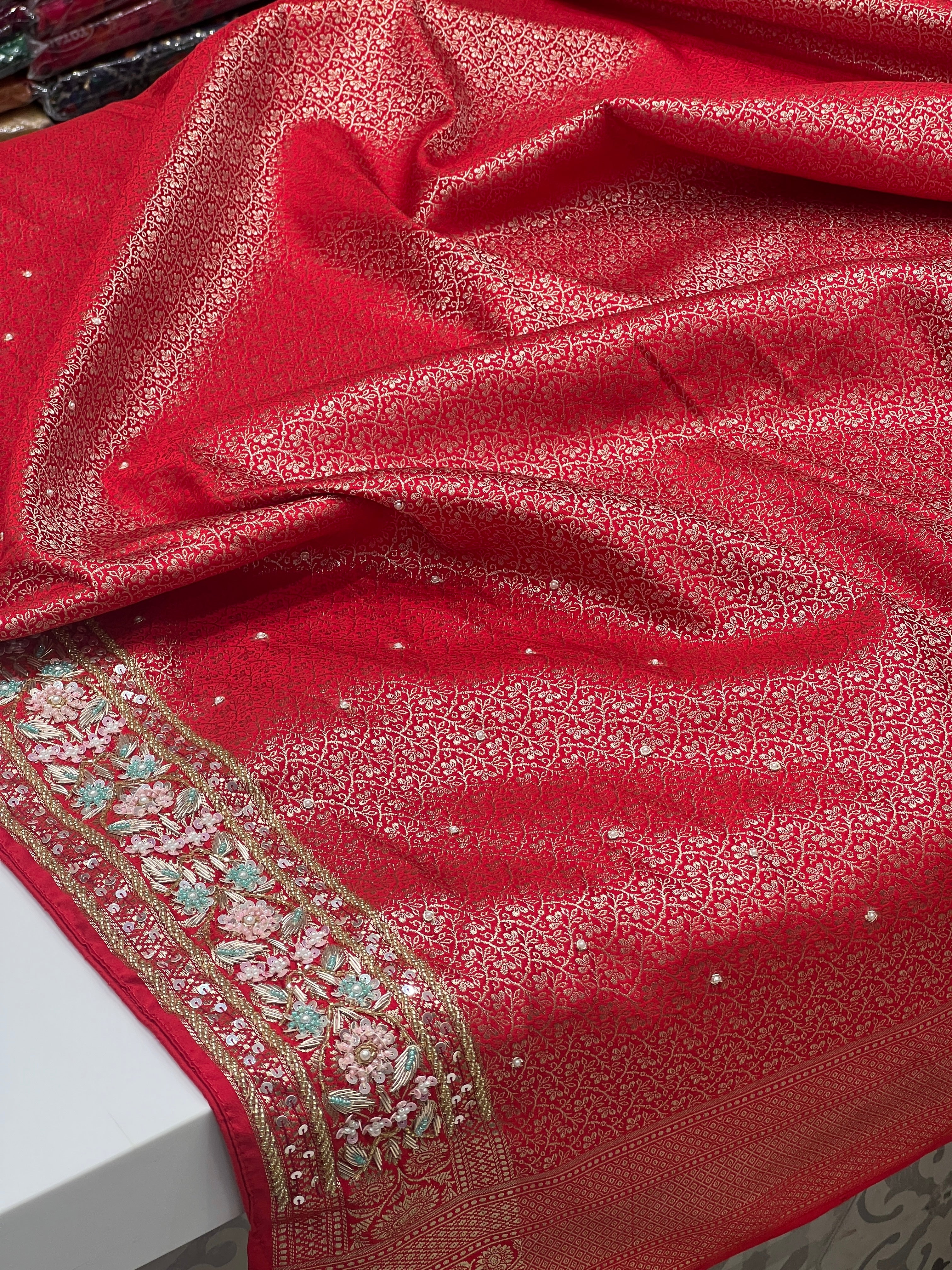 Red Banarasi Silk Flower Border Fancy Hand Embroidery Saree