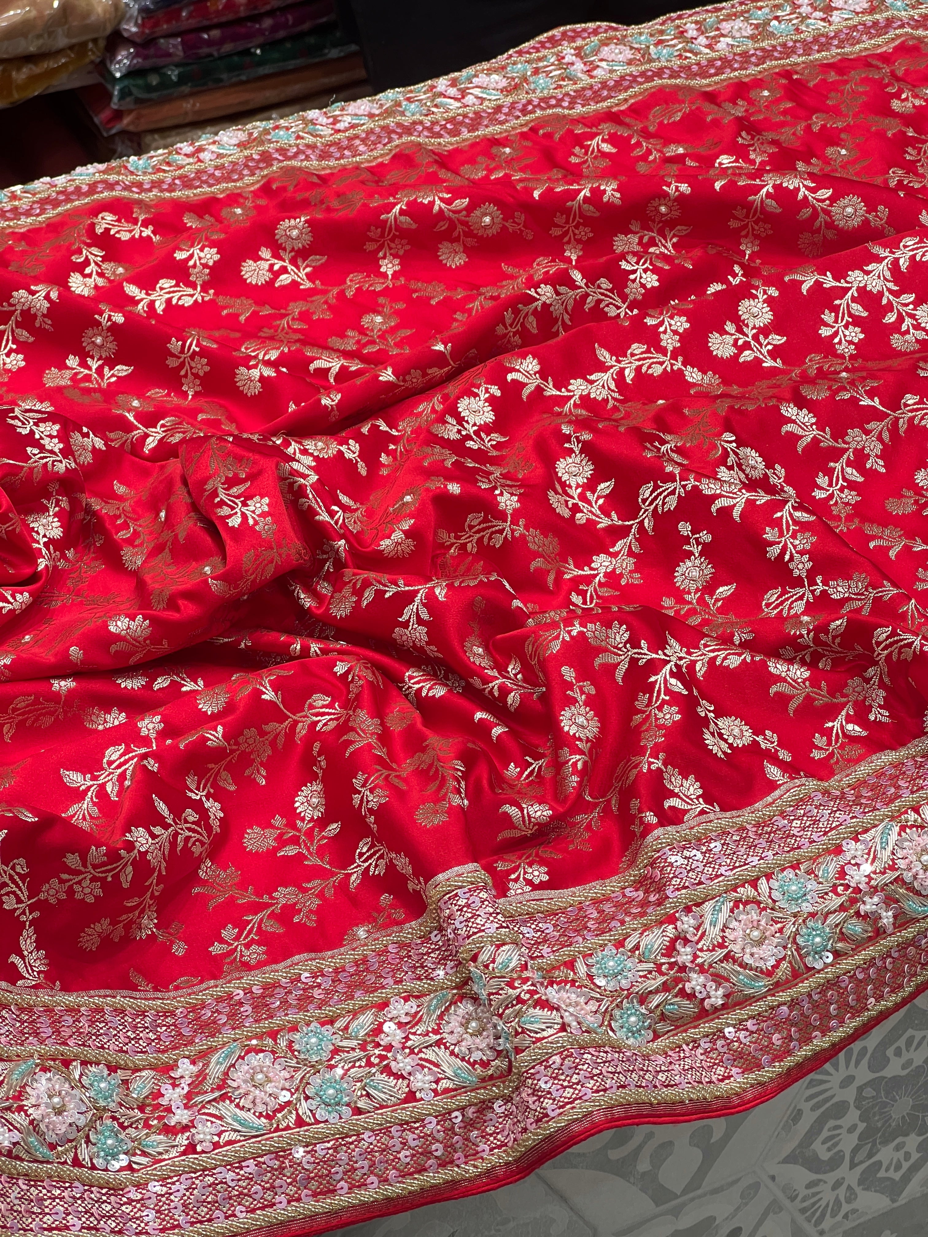 Red Banarasi Silk Flower Border Fancy Hand Embroidery Saree