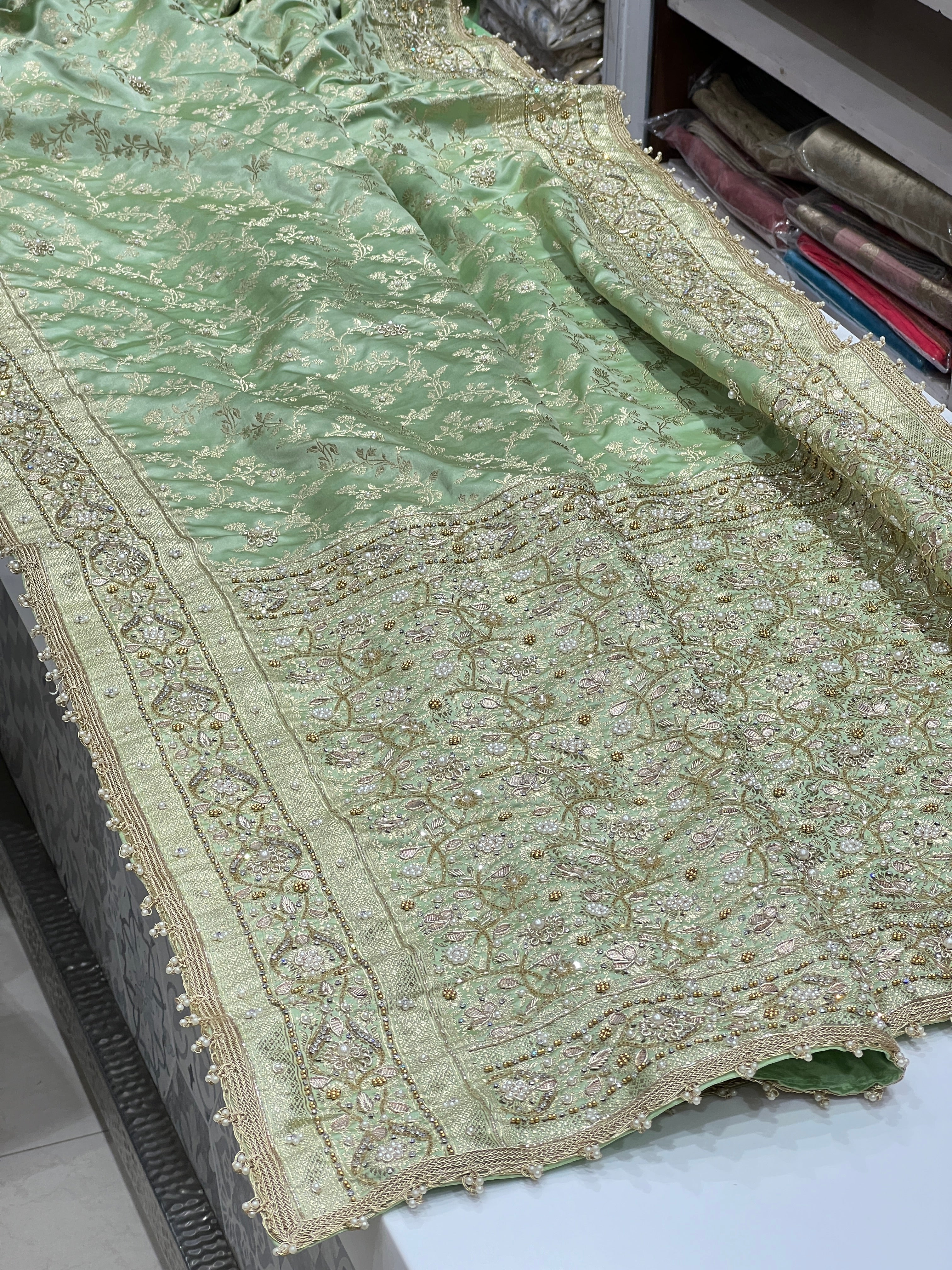 Green Banarasi Silk Flower Hand Embroidery Saree