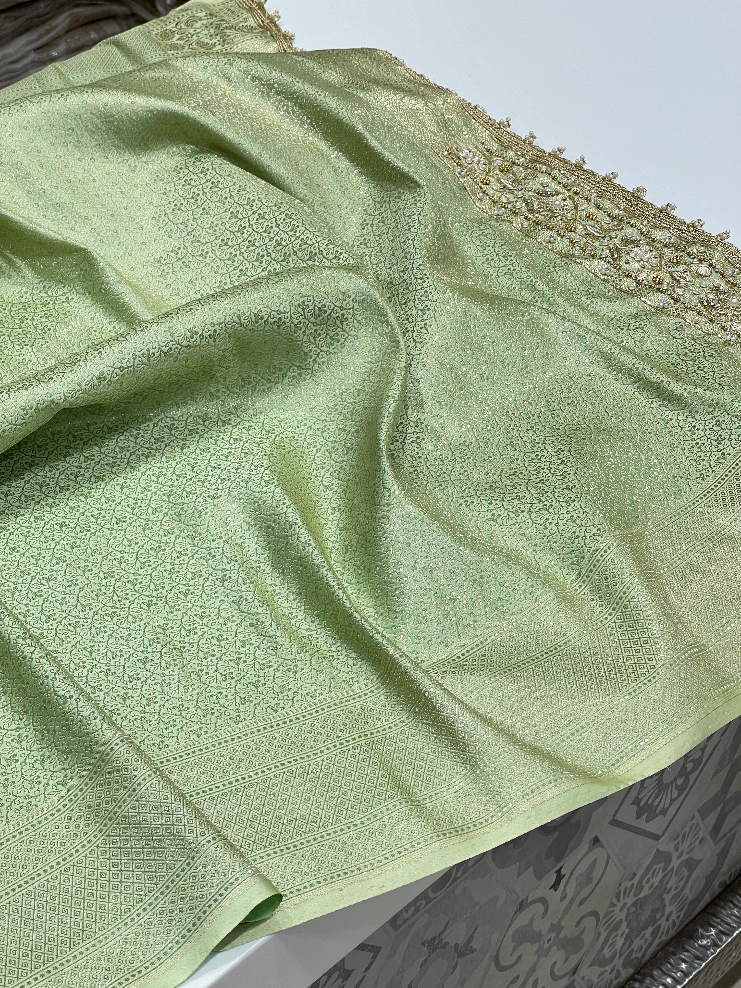 Green Banarasi Silk Flower Hand Embroidery Saree