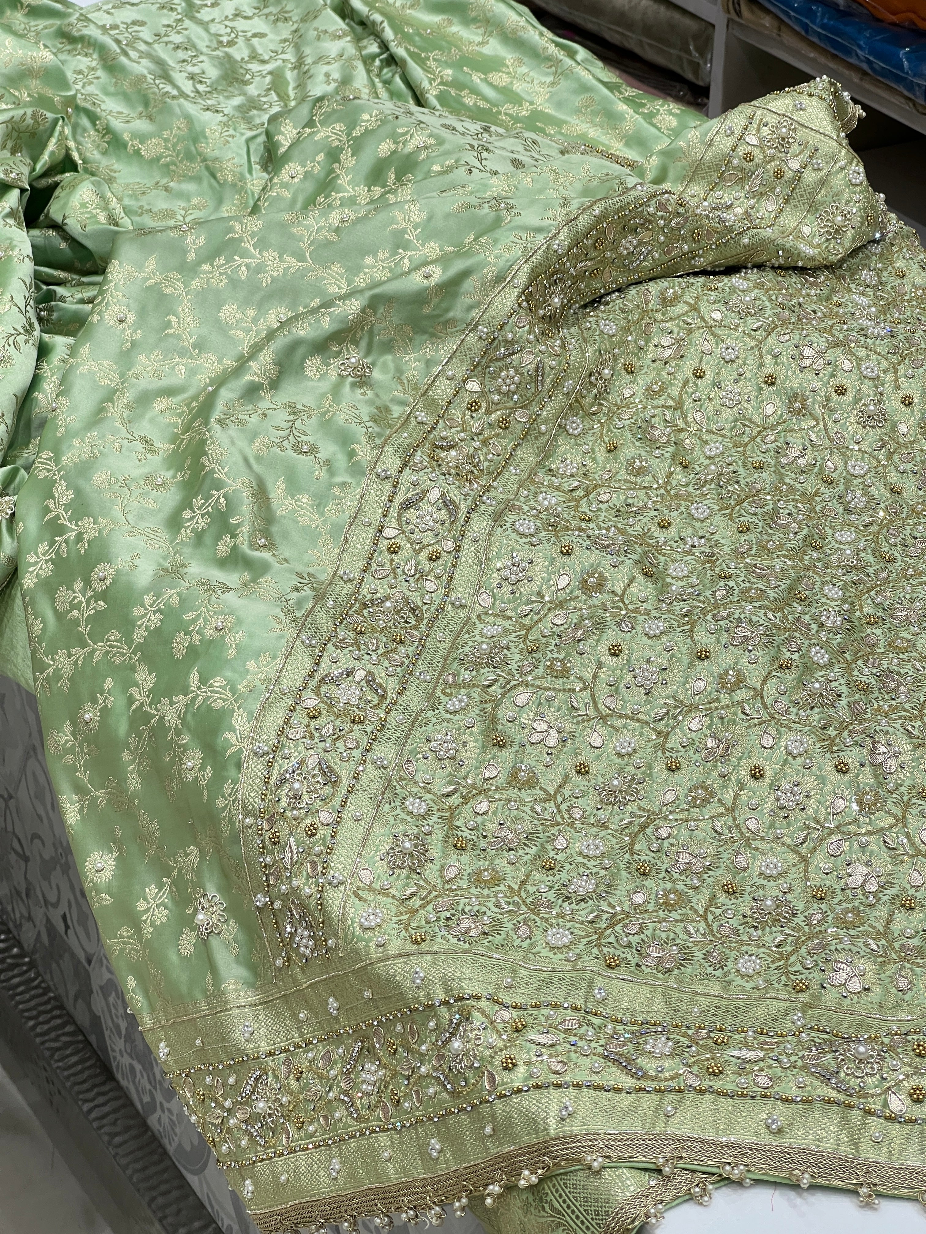 Green Banarasi Silk Flower Hand Embroidery Saree