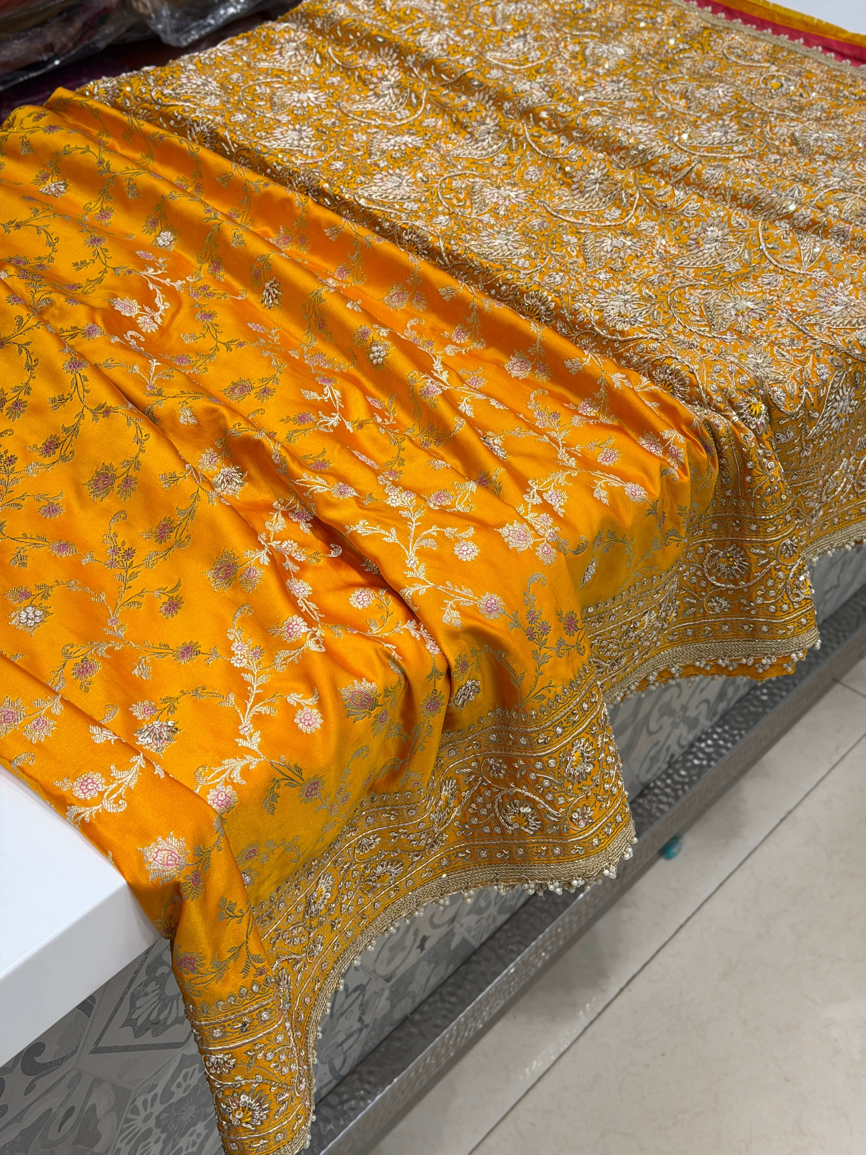 Mango Yellow Banarasi Silk Upside Down Zardozi Embroidery Saree