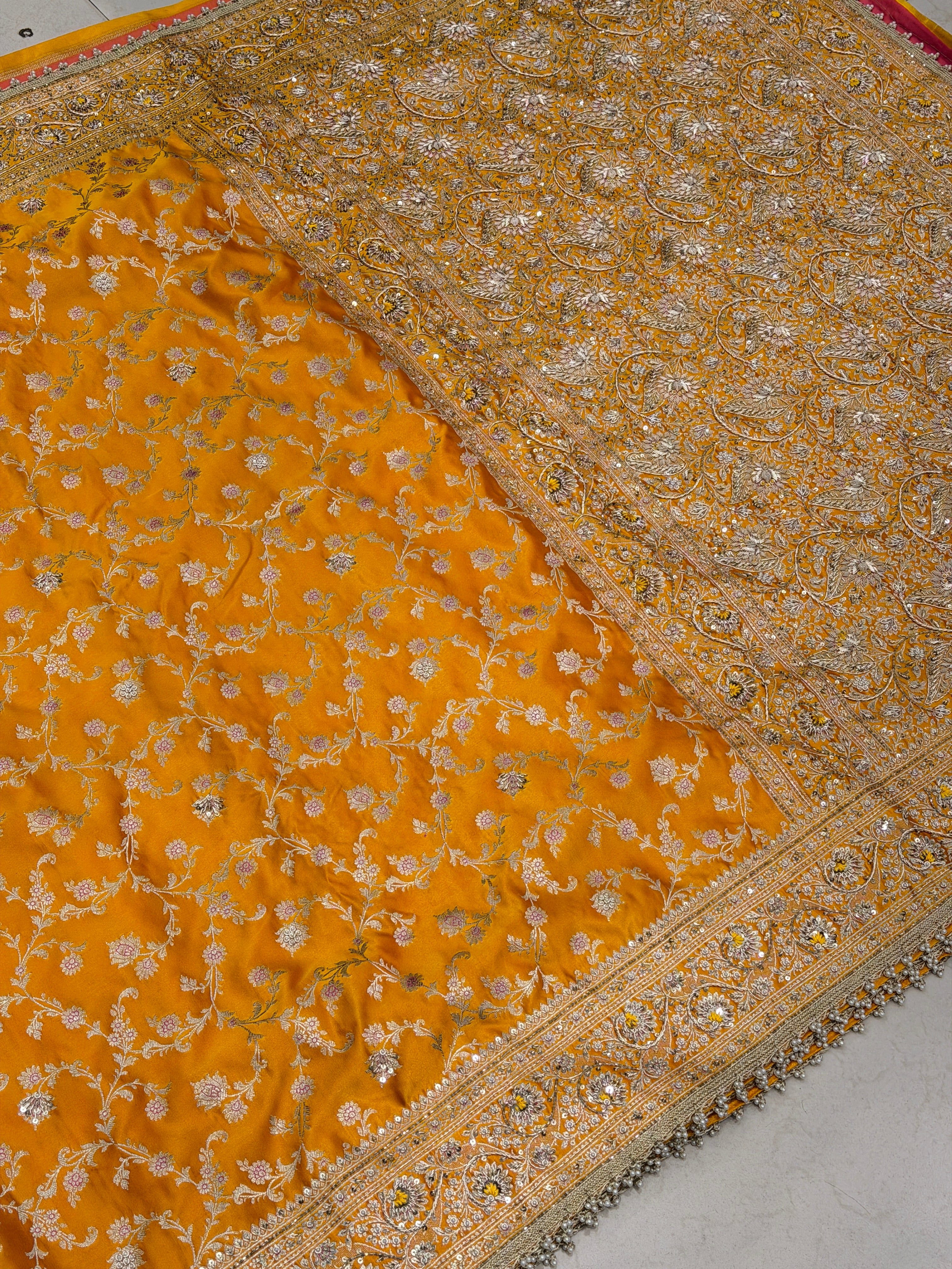 Mango Yellow Banarasi Silk Upside Down Zardozi Embroidery Saree
