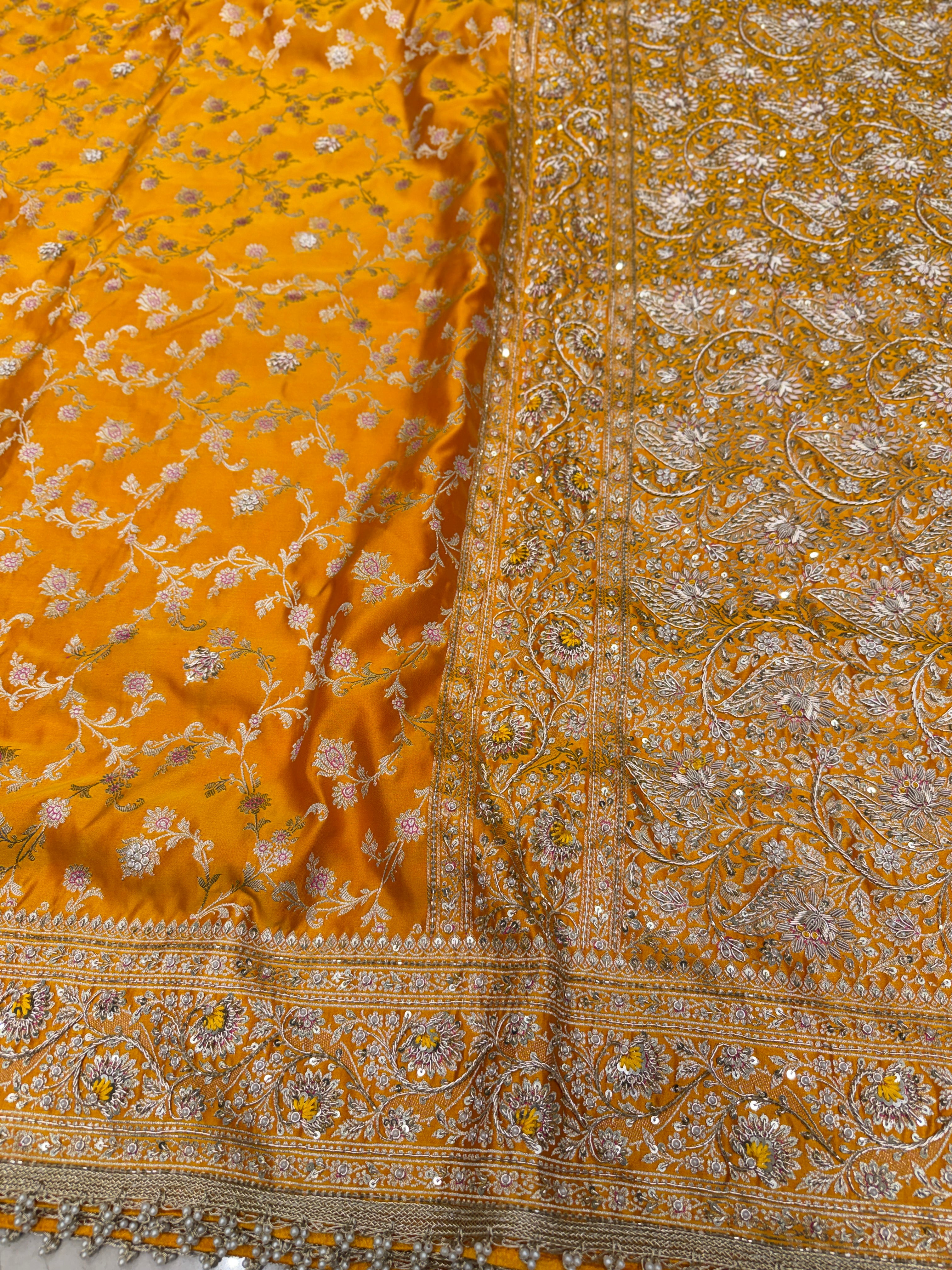Mango Yellow Banarasi Silk Upside Down Zardozi Embroidery Saree
