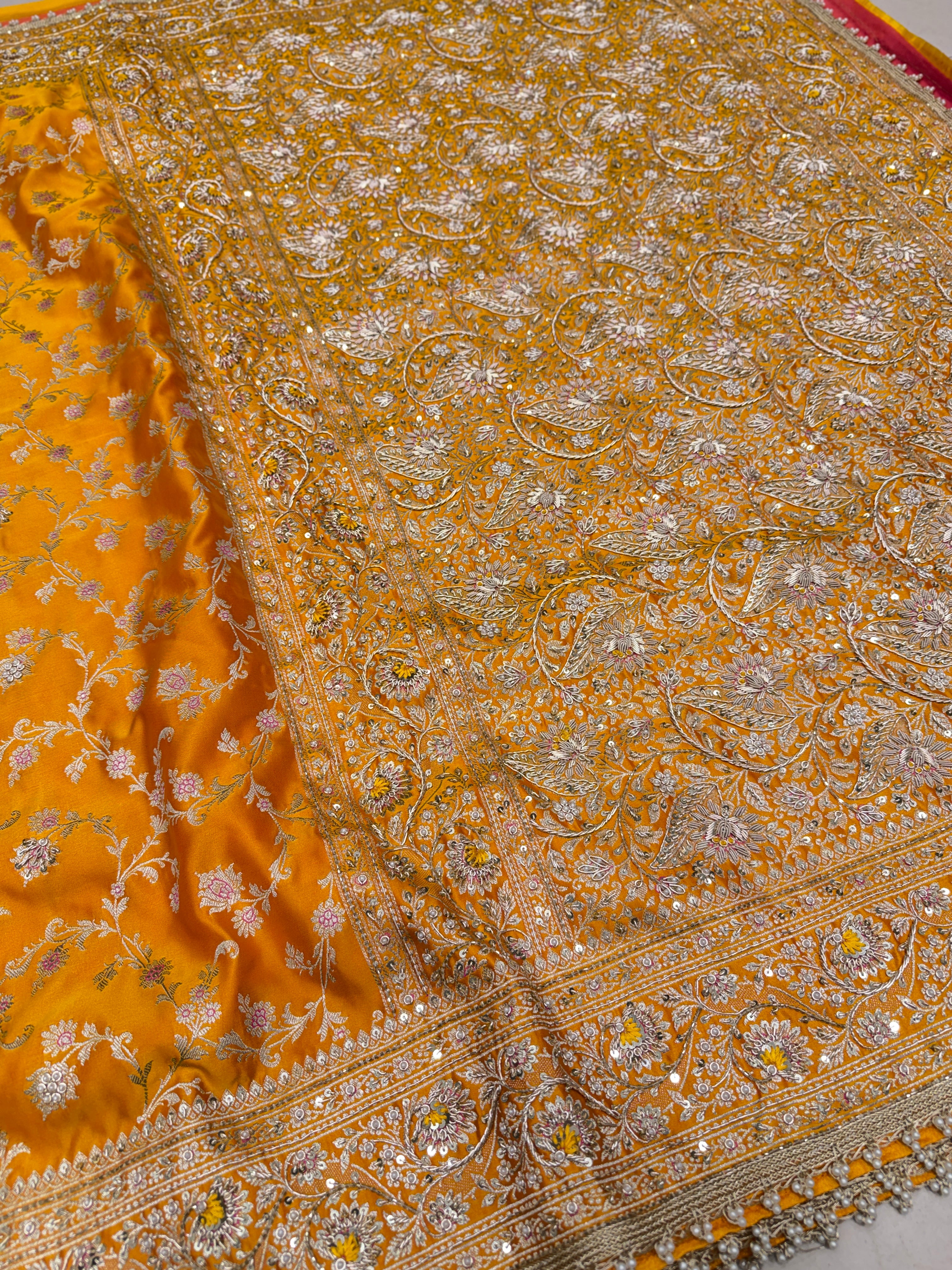 Mango Yellow Banarasi Silk Upside Down Zardozi Embroidery Saree