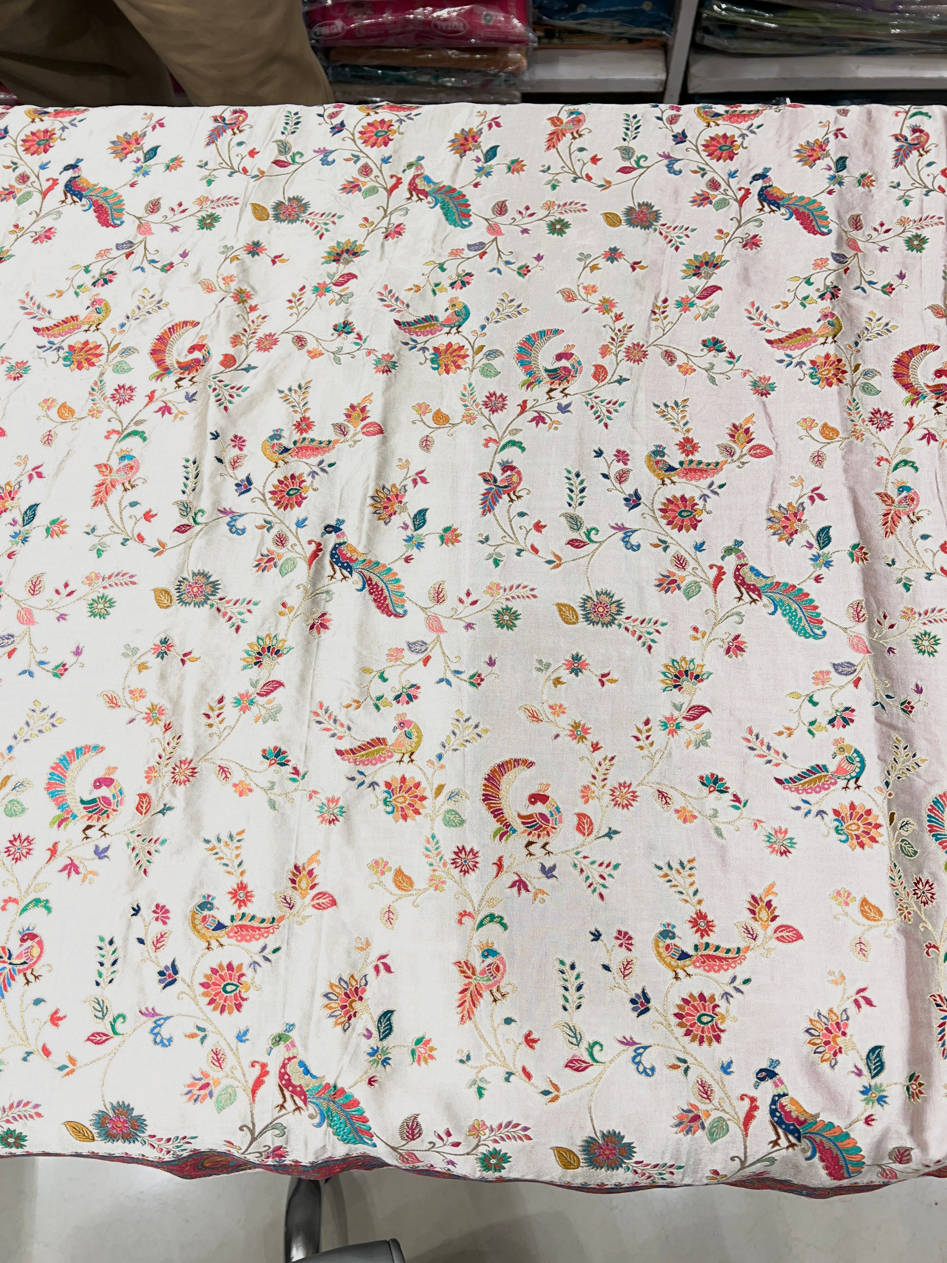 White Modal Satin Peacock Theme Saree