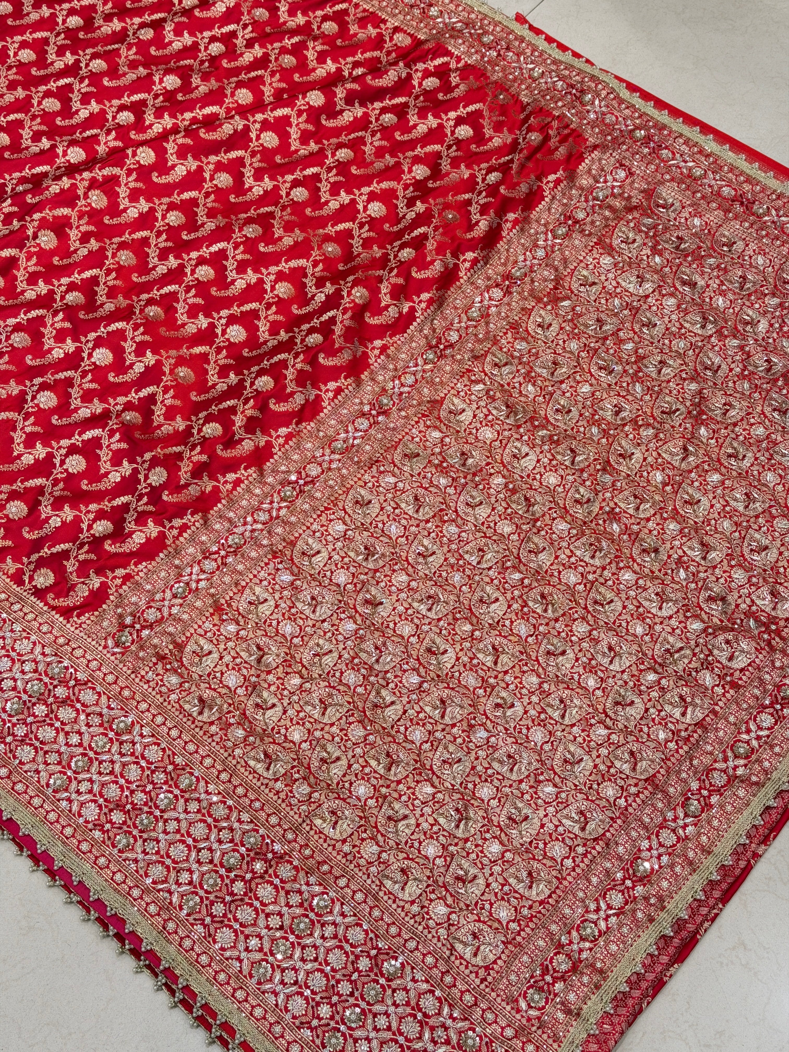 Red Banarasi Silk Leaf Pallu Zardozi Hand Embroidery Saree