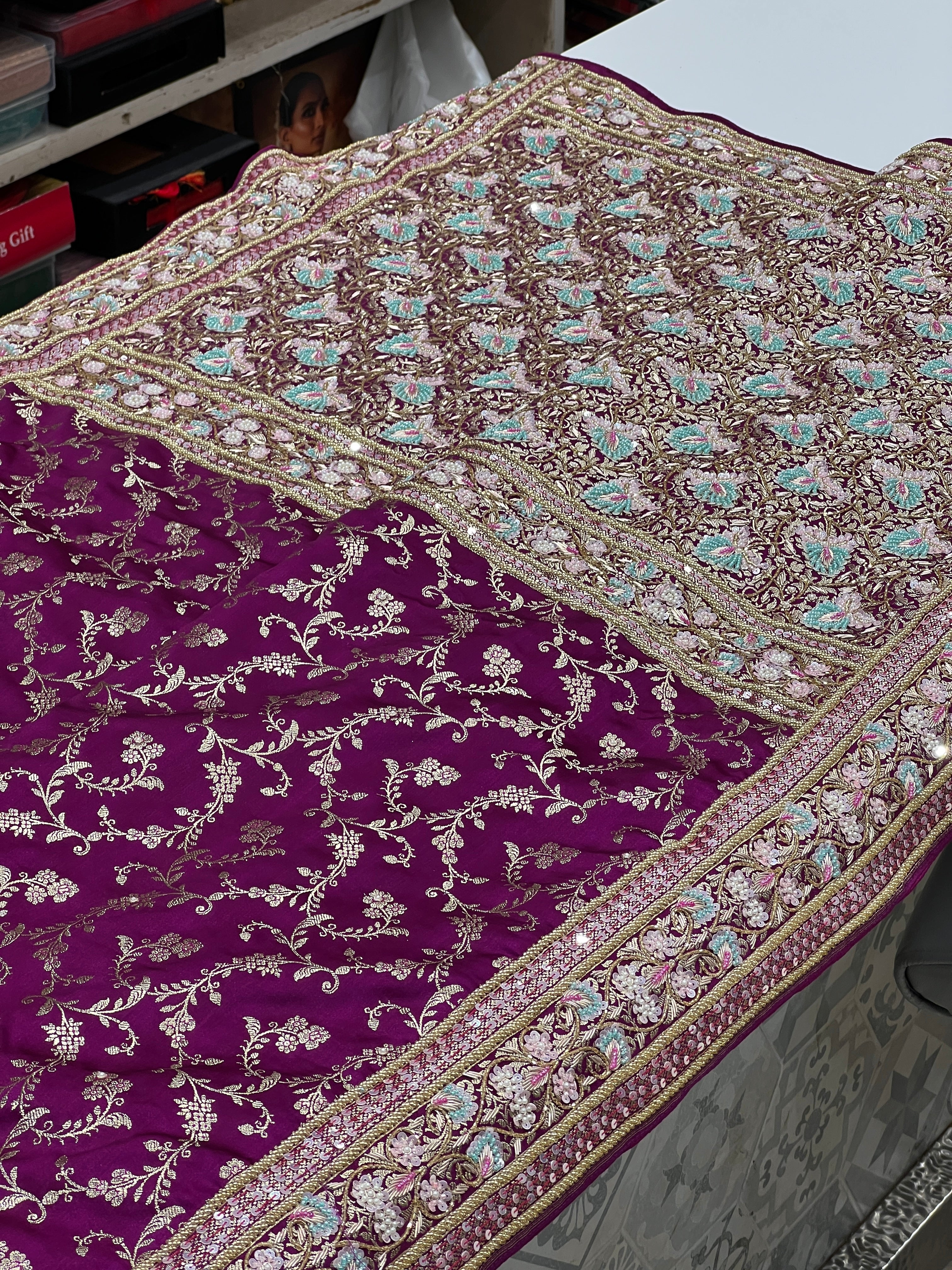 Wine Banarasi Silk Fancy Hand Embroidery Saree