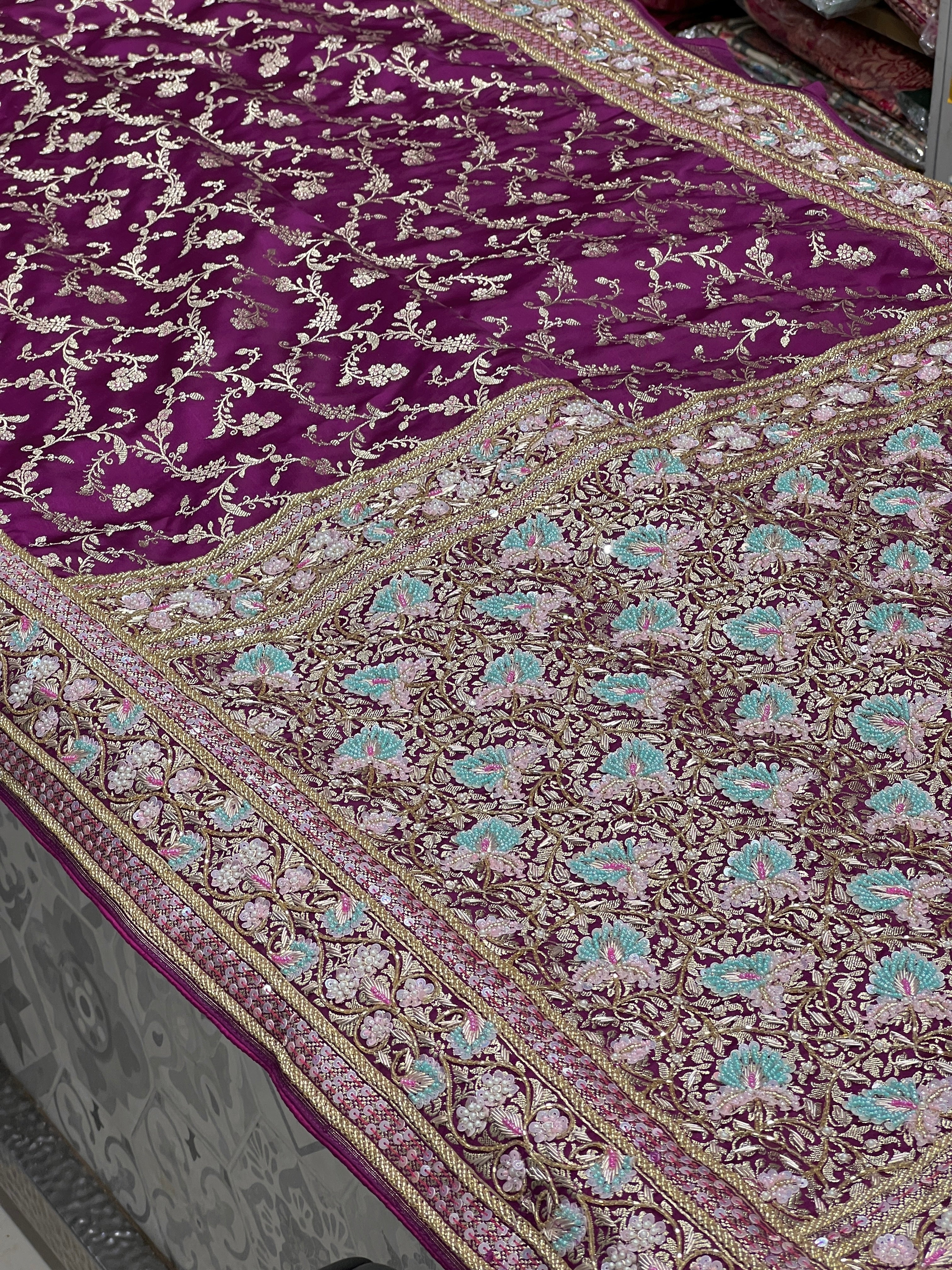 Wine Banarasi Silk Fancy Hand Embroidery Saree