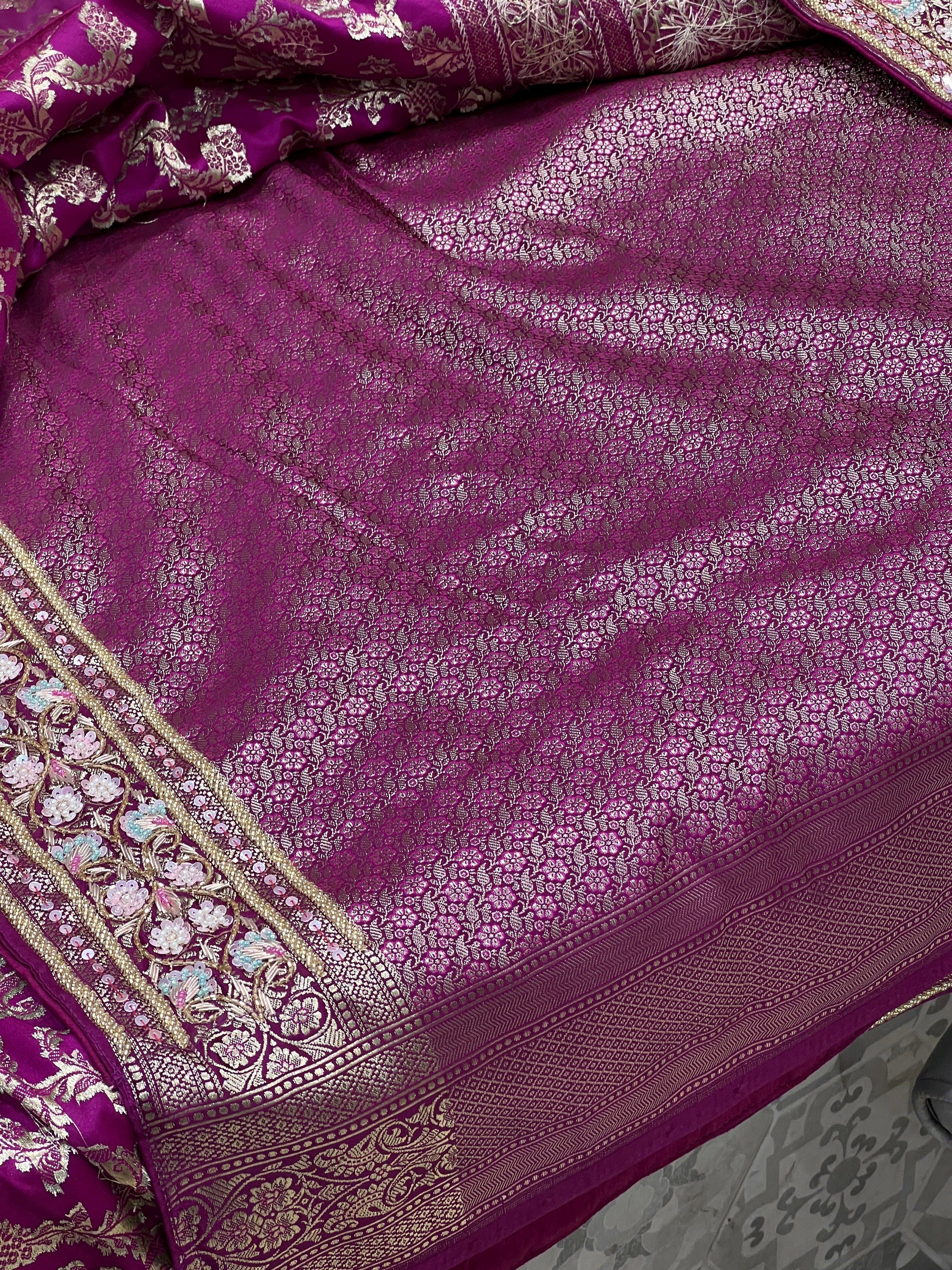 Wine Banarasi Silk Fancy Hand Embroidery Saree