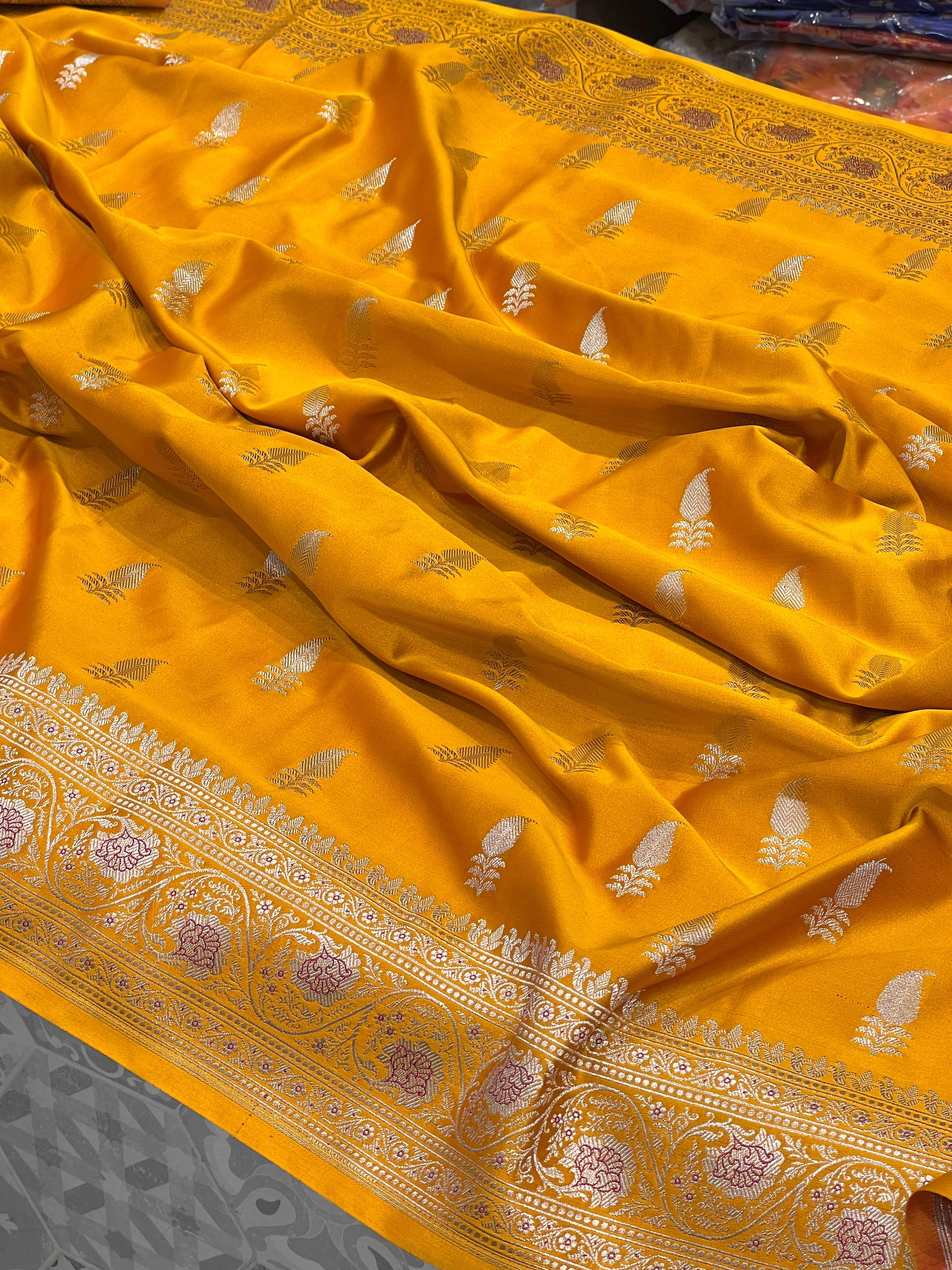 Ocher Yellow Banarasi Silk Butti Saree