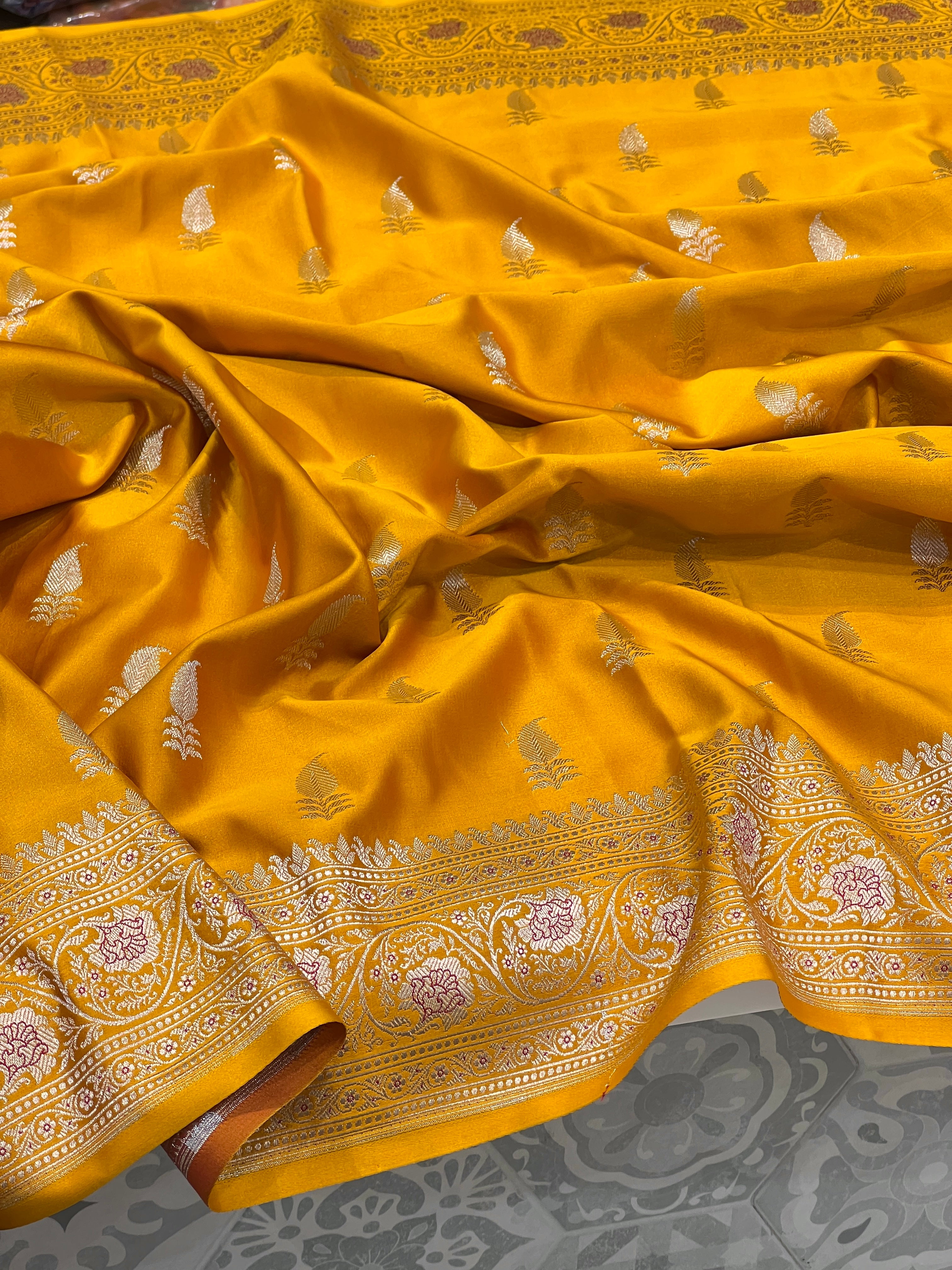 Ocher Yellow Banarasi Silk Butti Saree