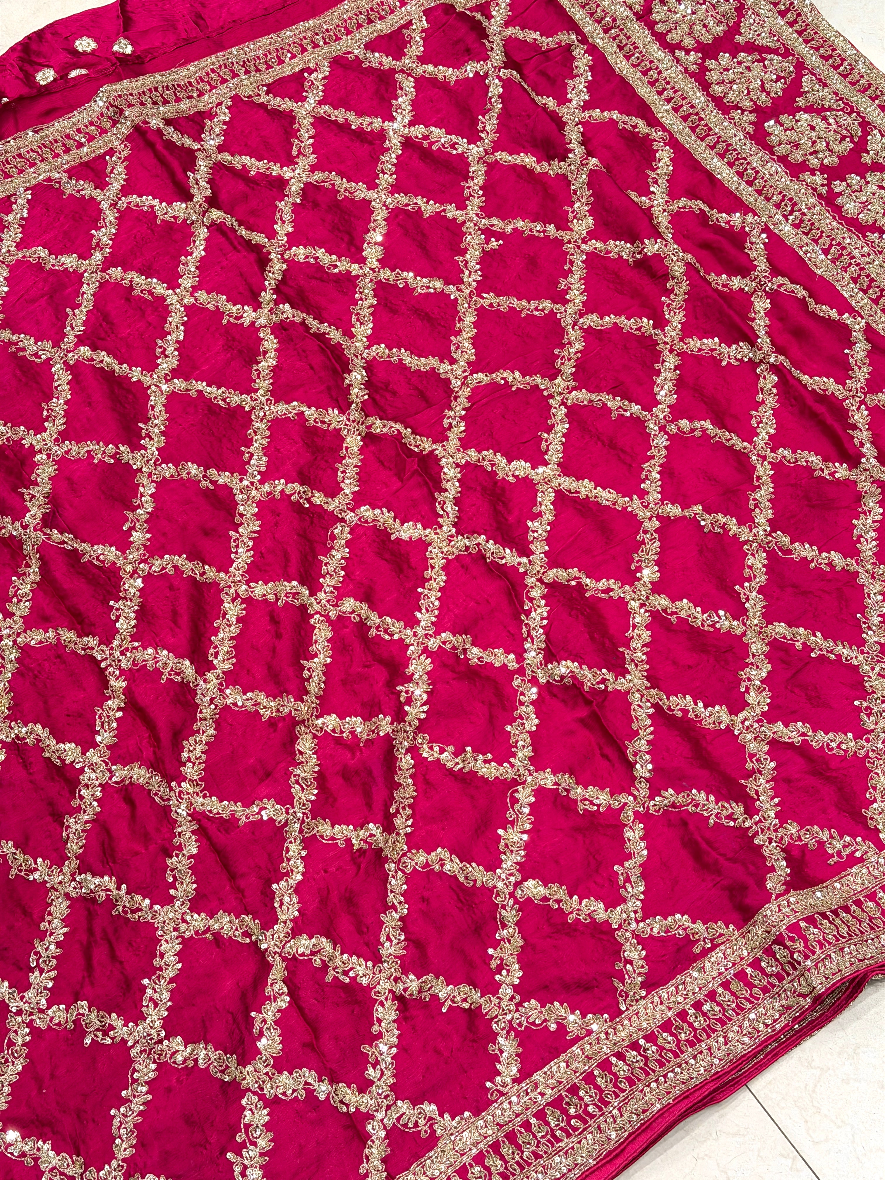 Rani Crepe Satin Sabyasachi Inspired Zardosi Jaal Embroidery Saree