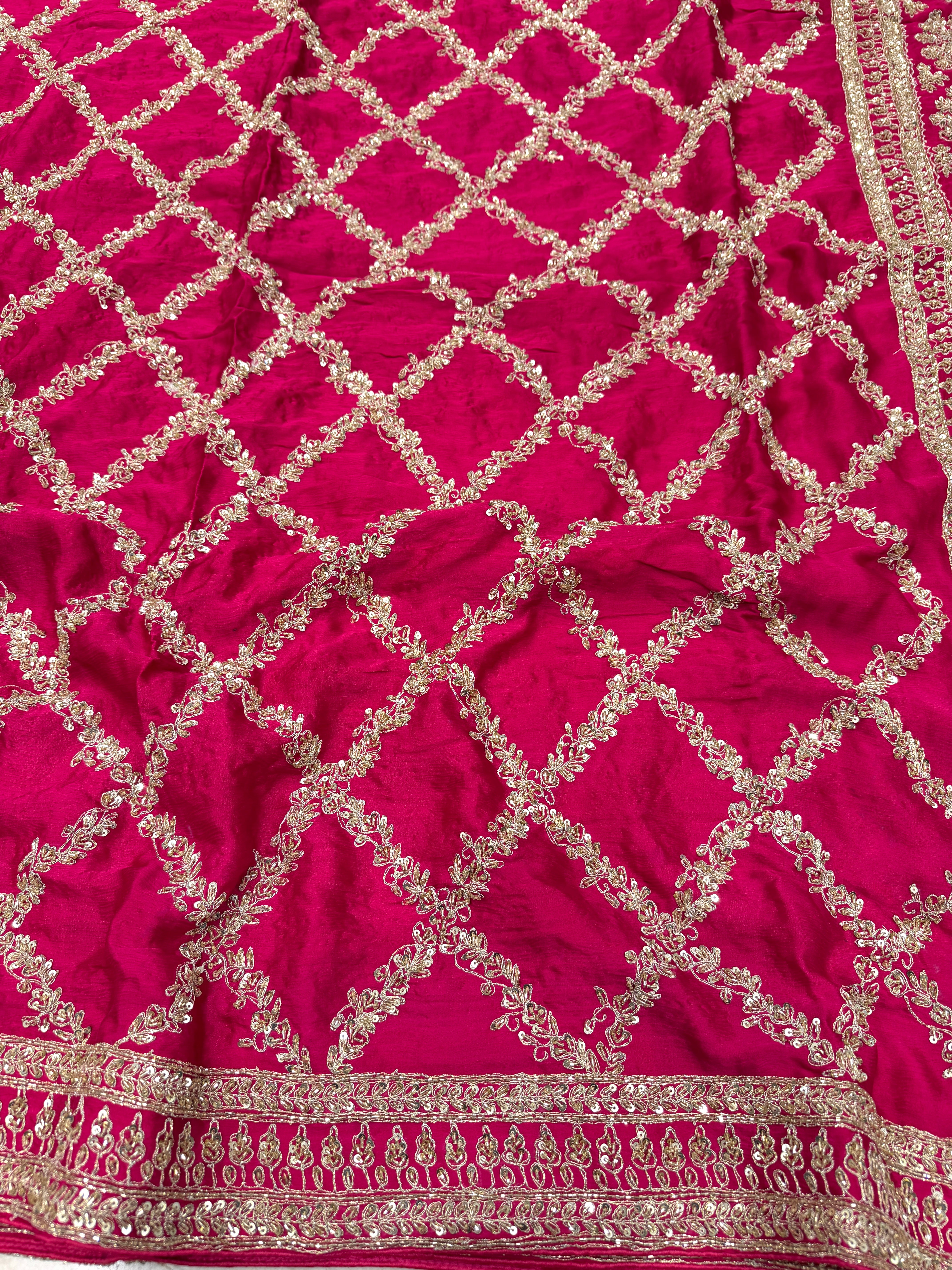 Rani Crepe Satin Sabyasachi Inspired Zardosi Jaal Embroidery Saree