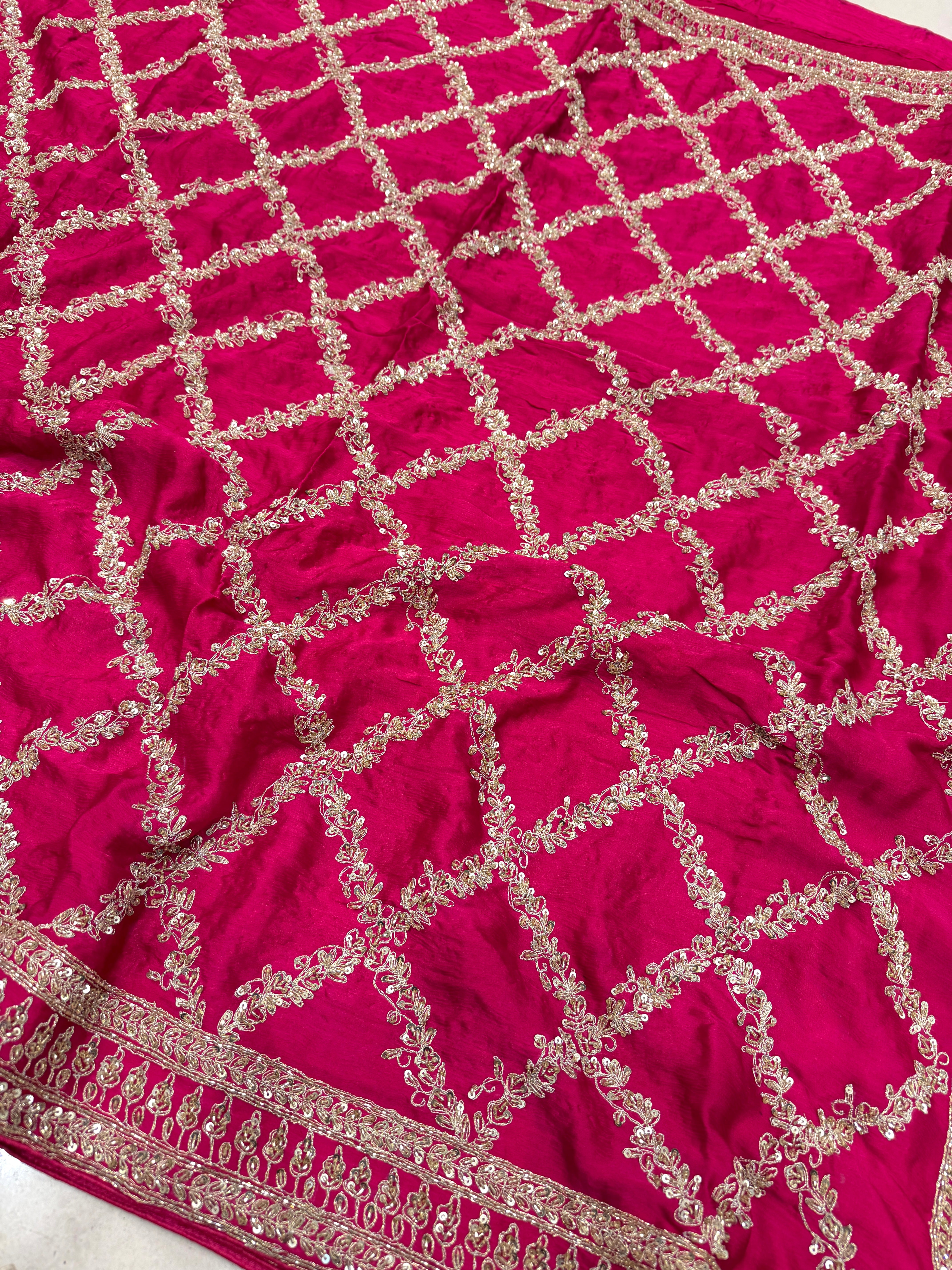 Rani Crepe Satin Sabyasachi Inspired Zardosi Jaal Embroidery Saree