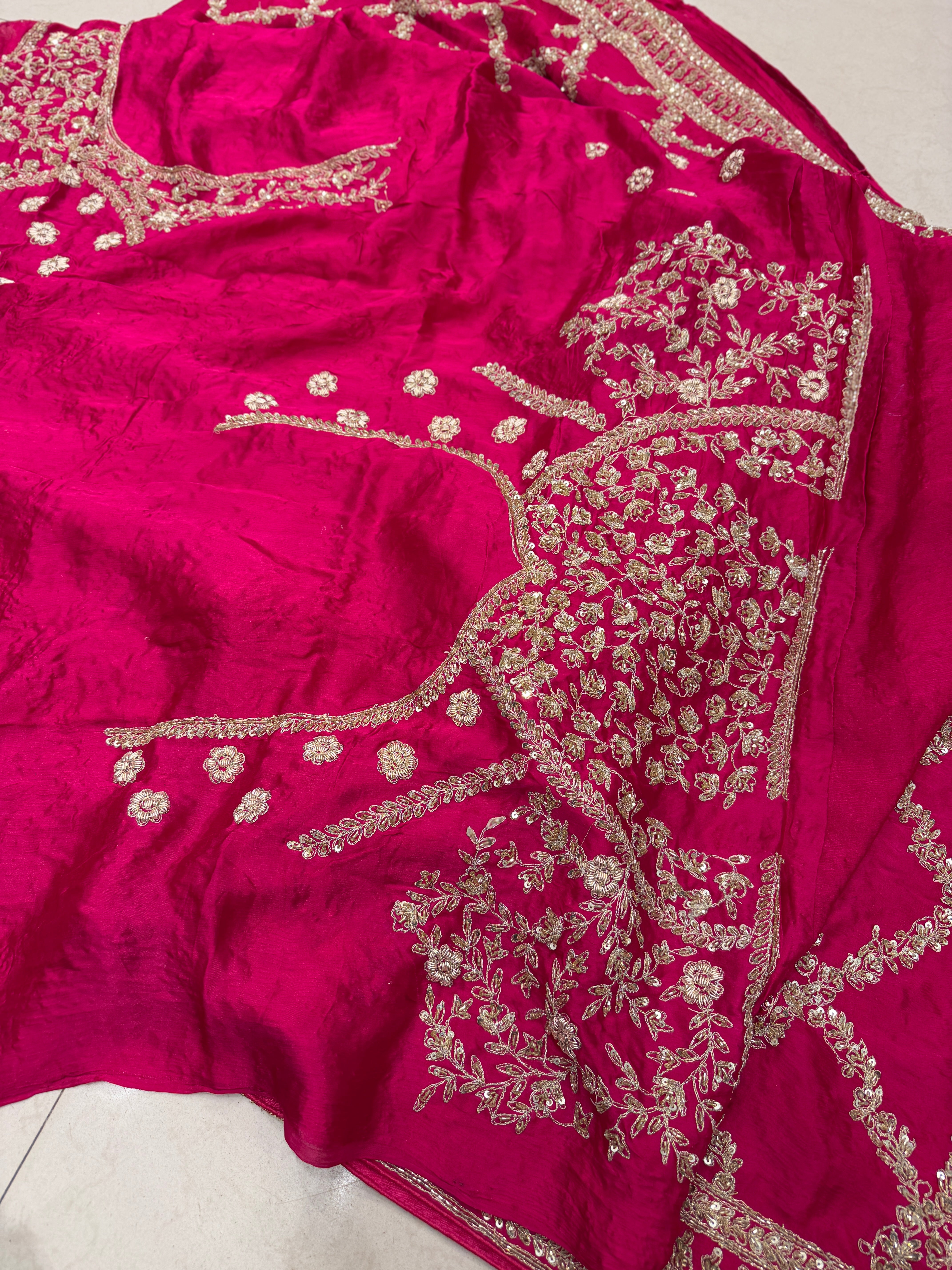 Rani Crepe Satin Sabyasachi Inspired Zardosi Jaal Embroidery Saree