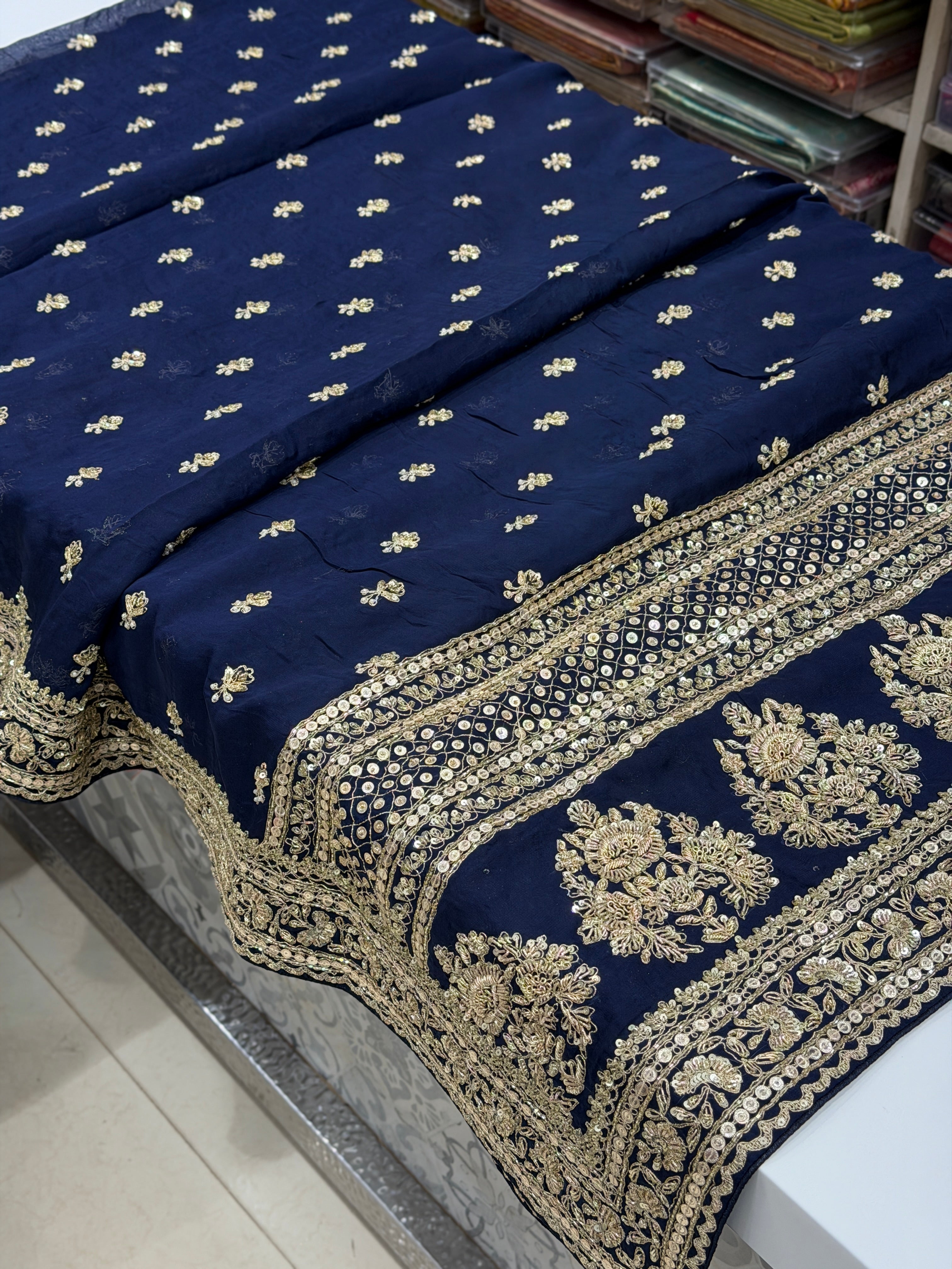 Blue Satin Organza Sabyasachi Inspired Zardozi Butti Saree