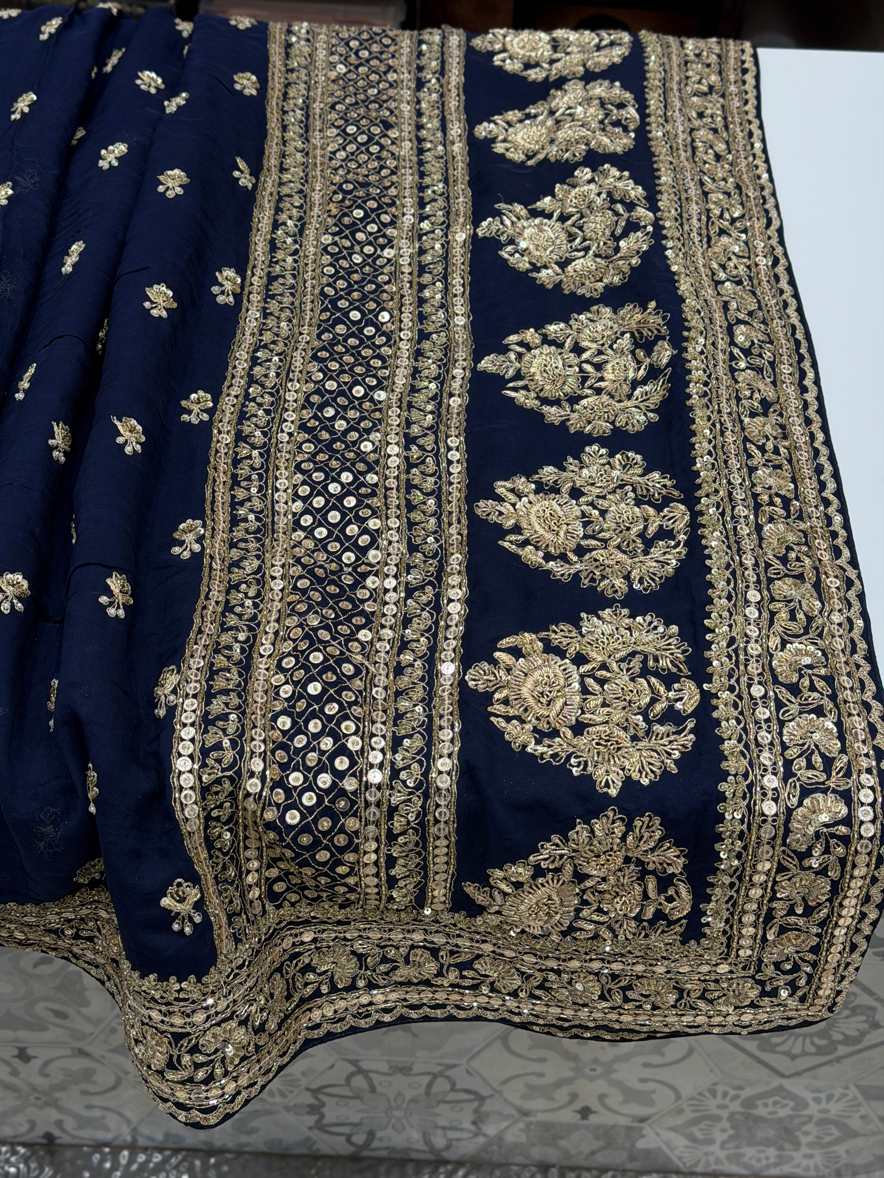 Blue Satin Organza Sabyasachi Inspired Zardozi Butti Saree