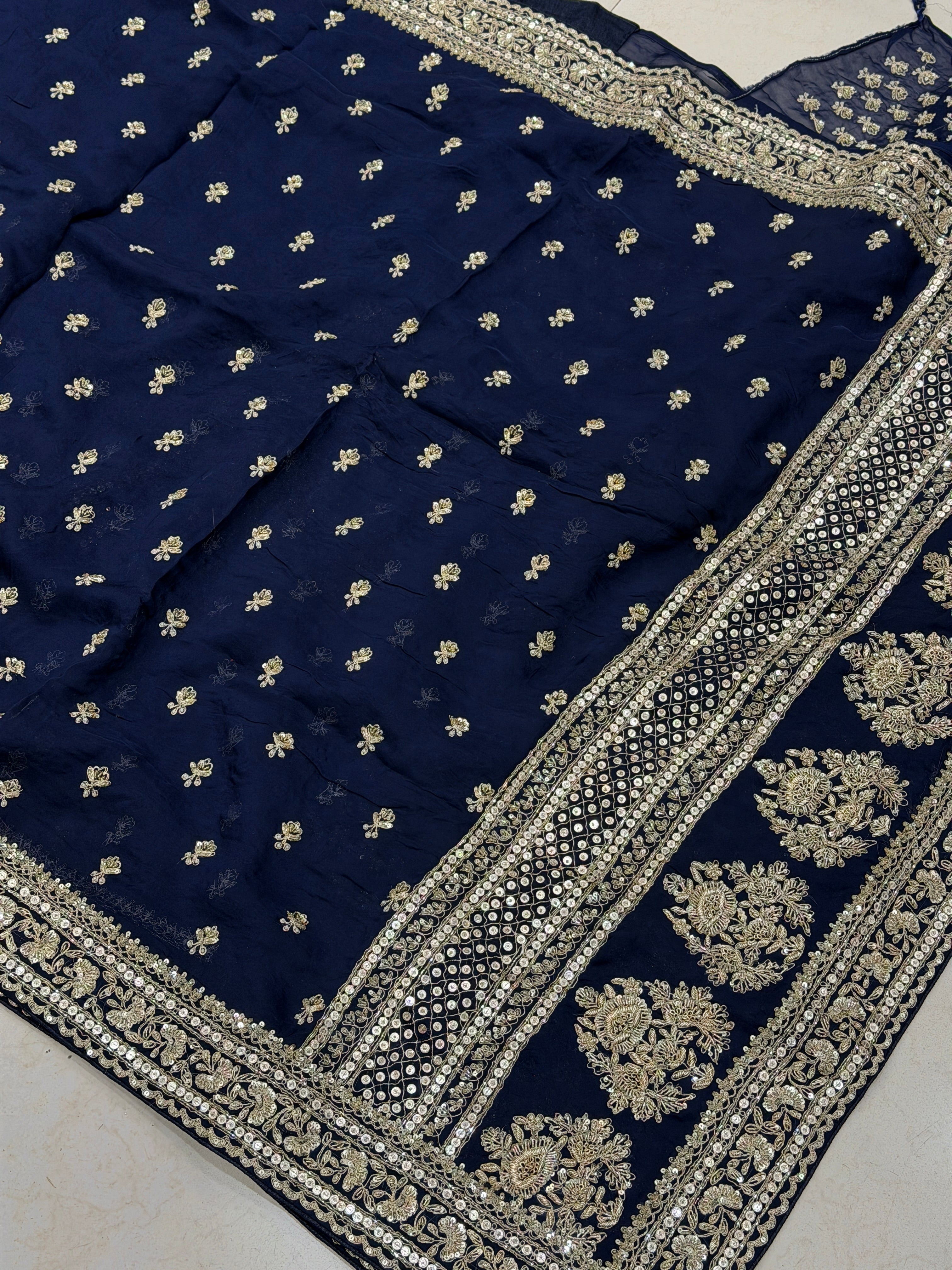 Blue Satin Organza Sabyasachi Inspired Zardozi Butti Saree
