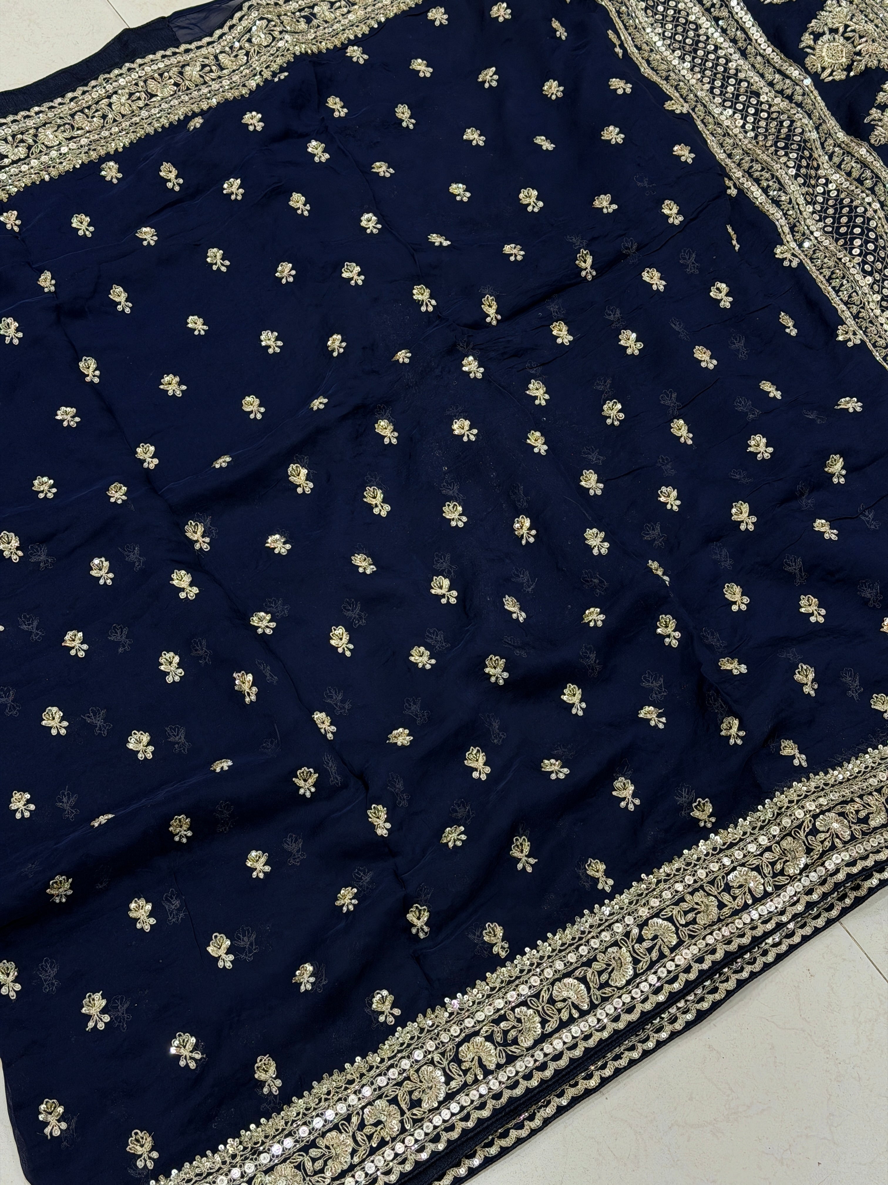 Blue Satin Organza Sabyasachi Inspired Zardozi Butti Saree