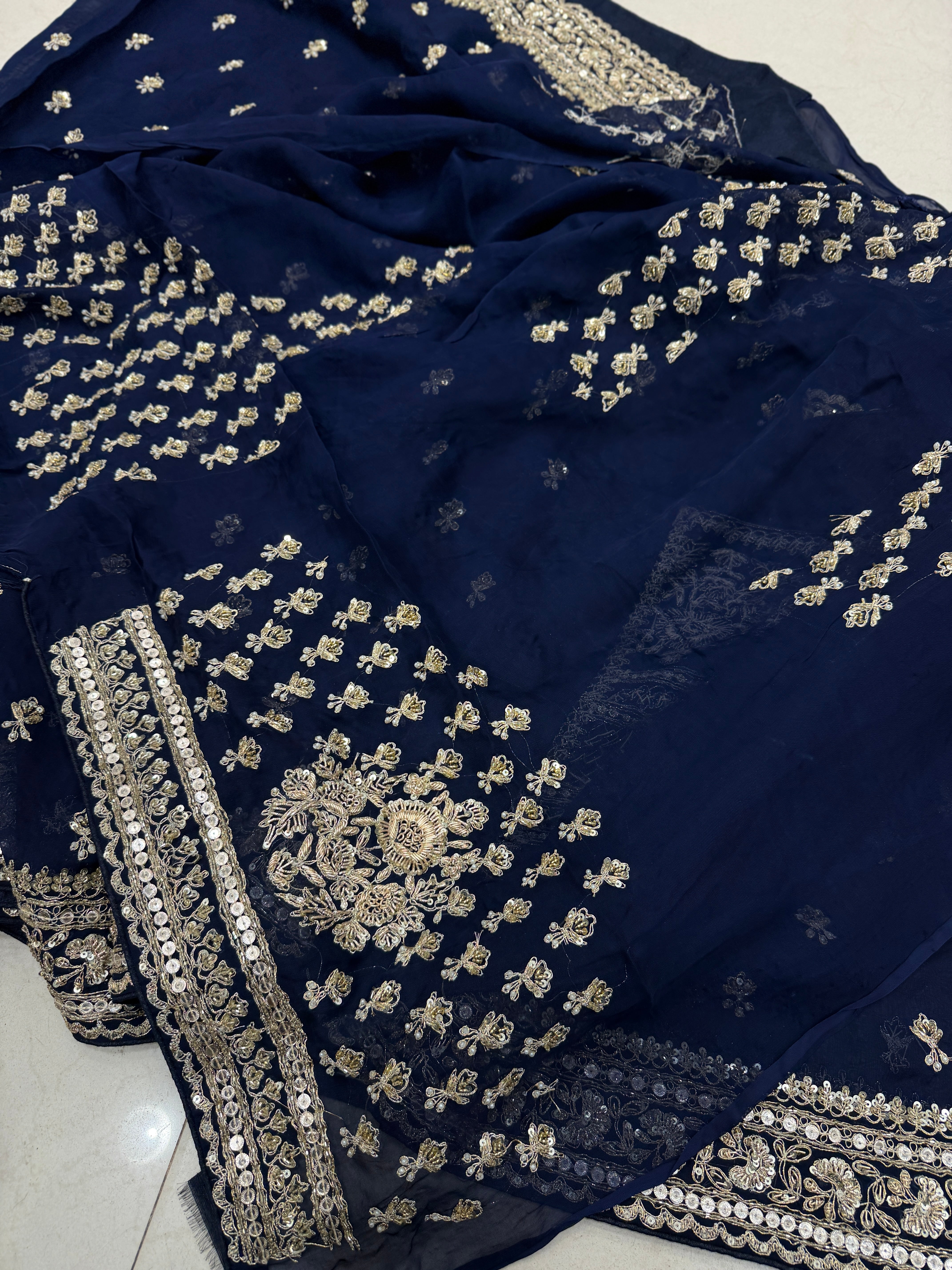 Blue Satin Organza Sabyasachi Inspired Zardozi Butti Saree
