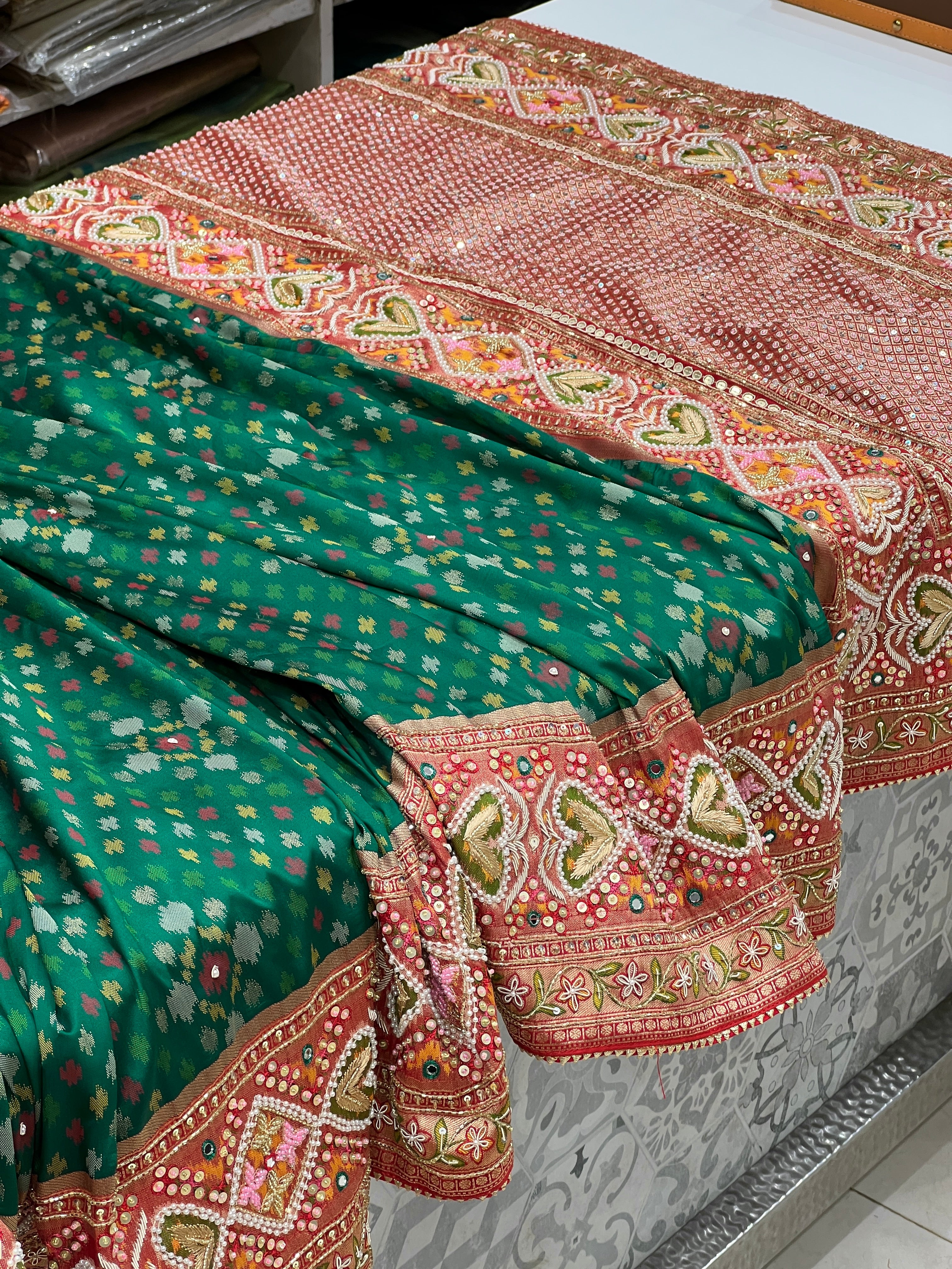 Green Patola Hand Embroidery Saree