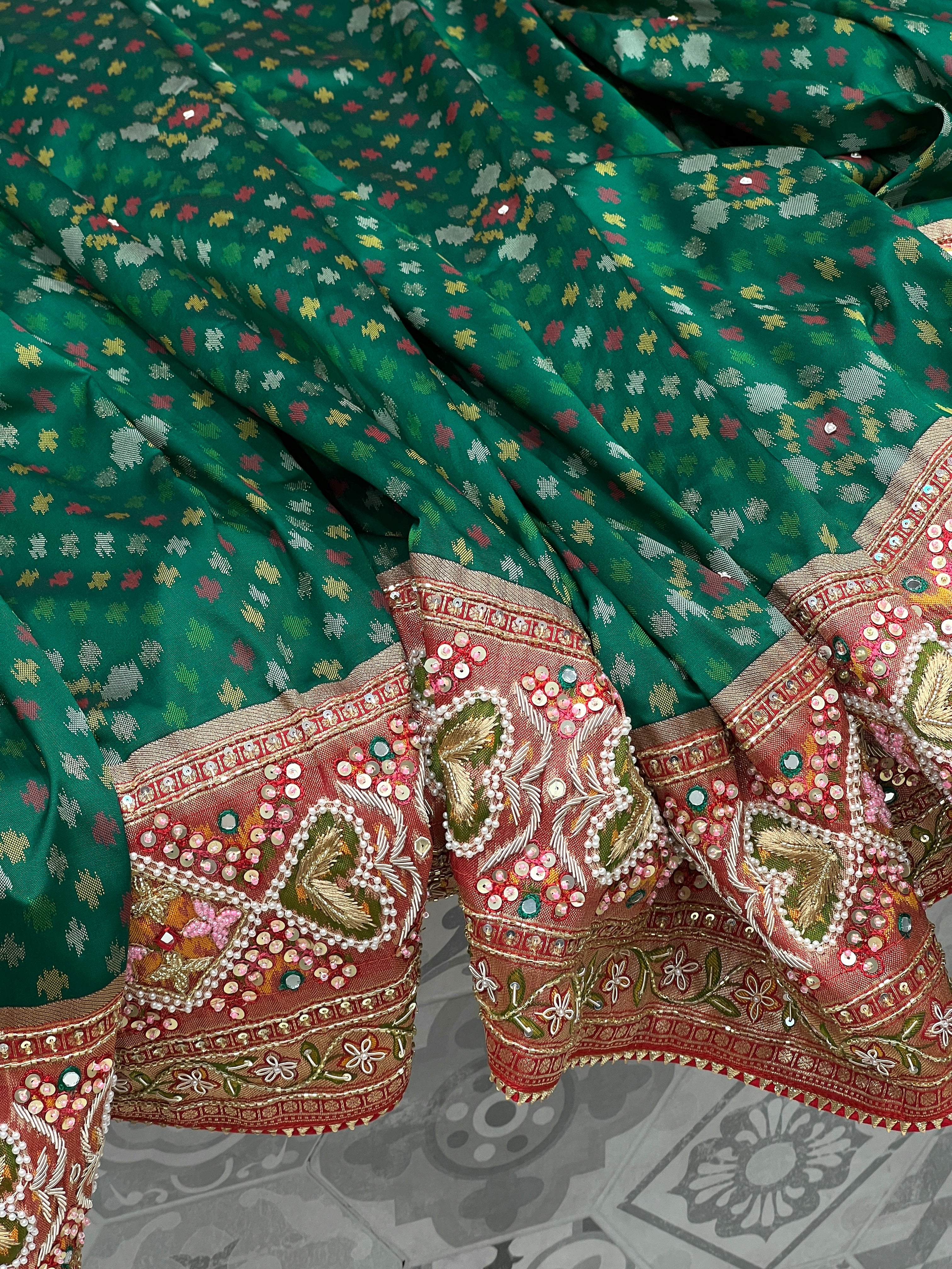 Green Patola Hand Embroidery Saree