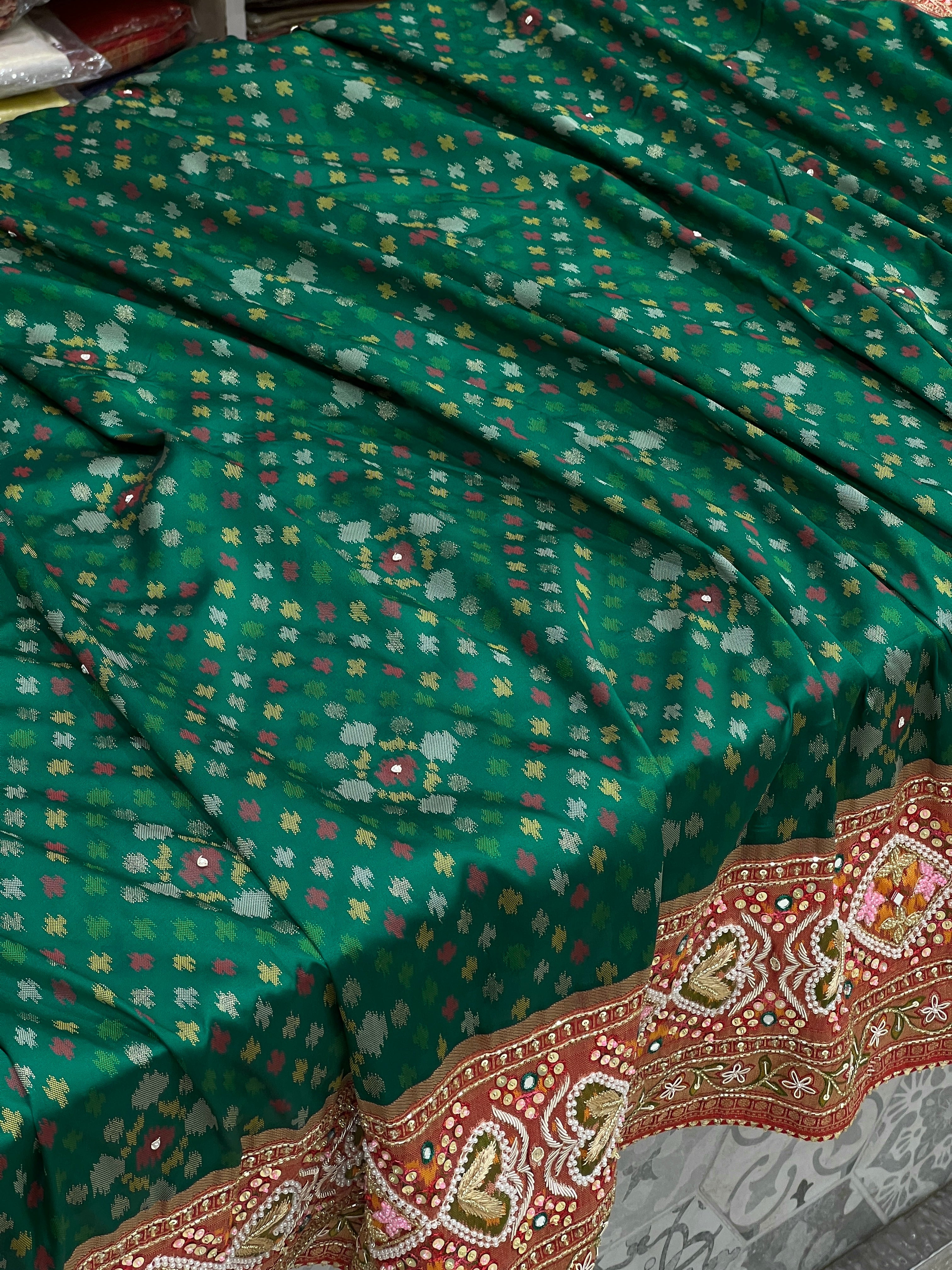 Green Patola Hand Embroidery Saree