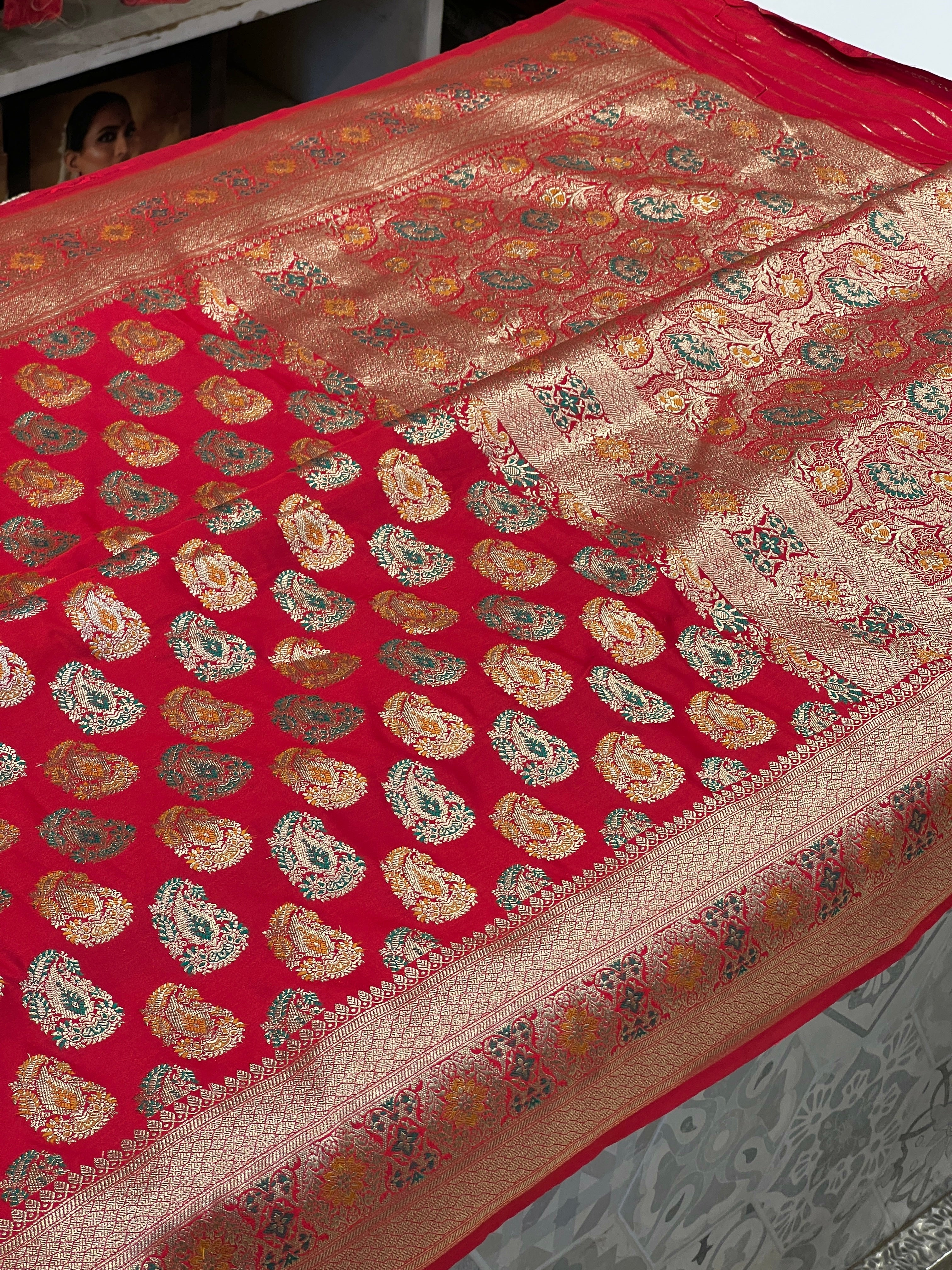 Red Banarasi Silk Meena Butta Saree