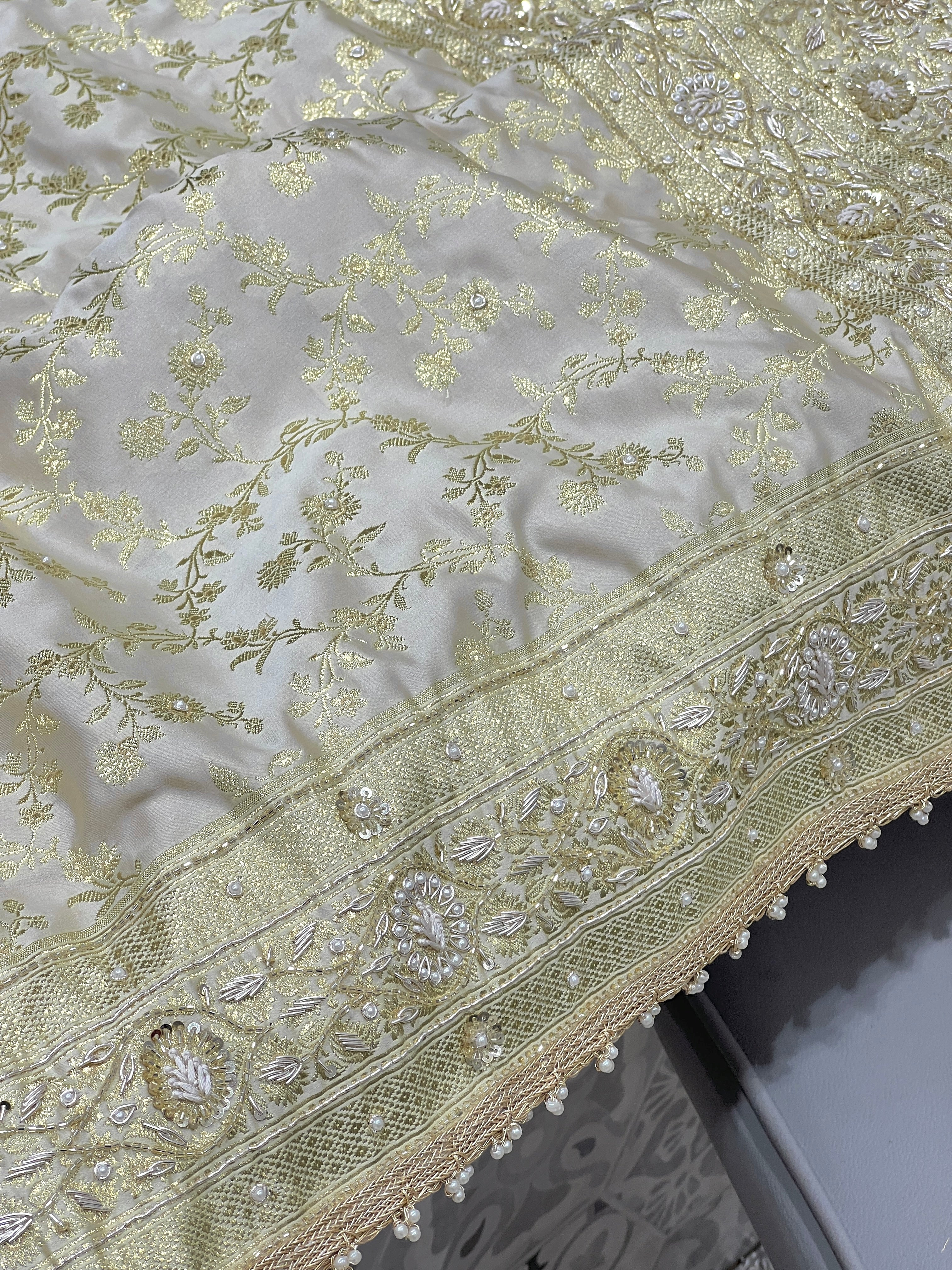 Beige Banarasi Flower Border Hand Embroidery Saree
