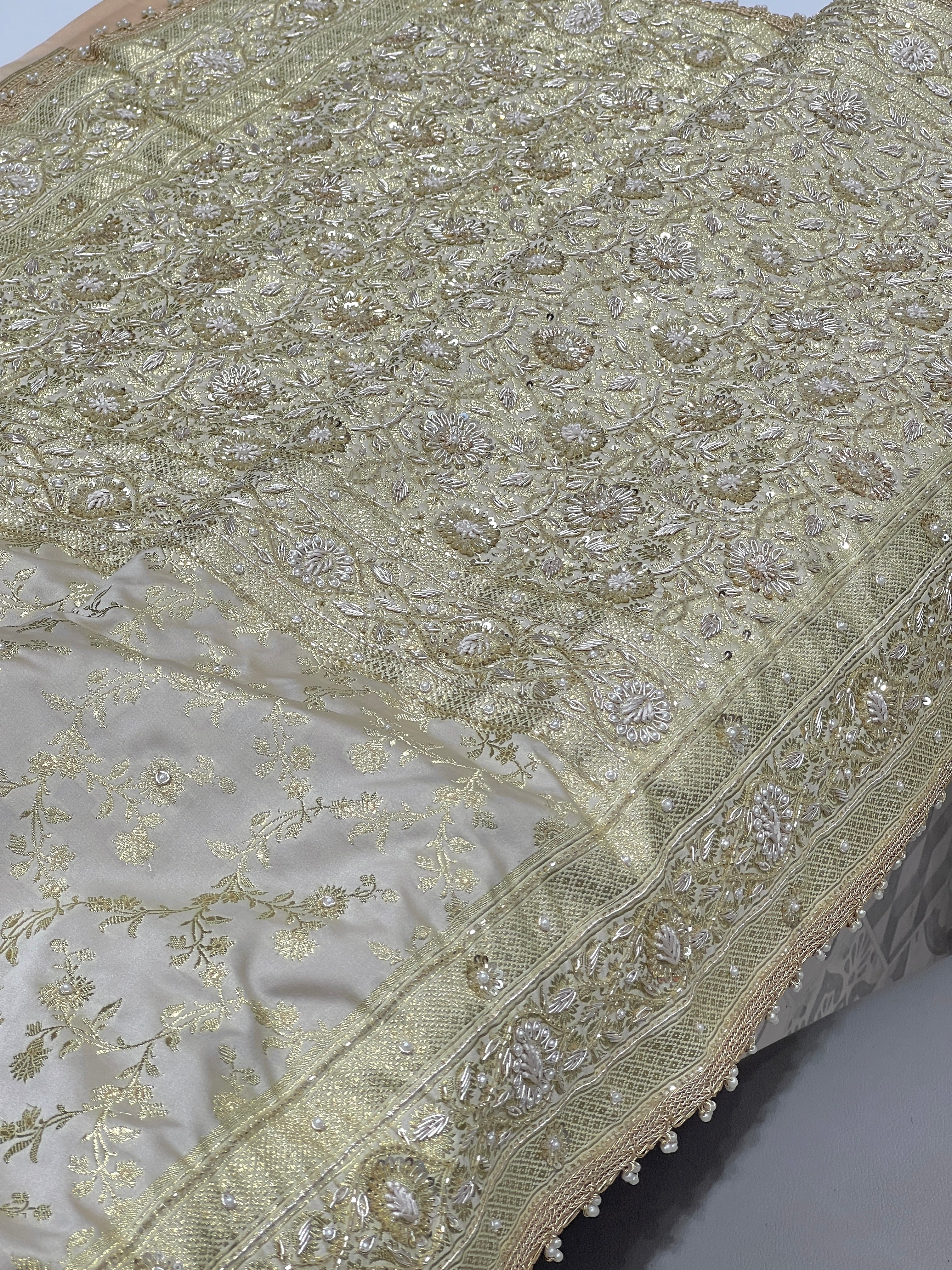 Beige Banarasi Flower Border Hand Embroidery Saree