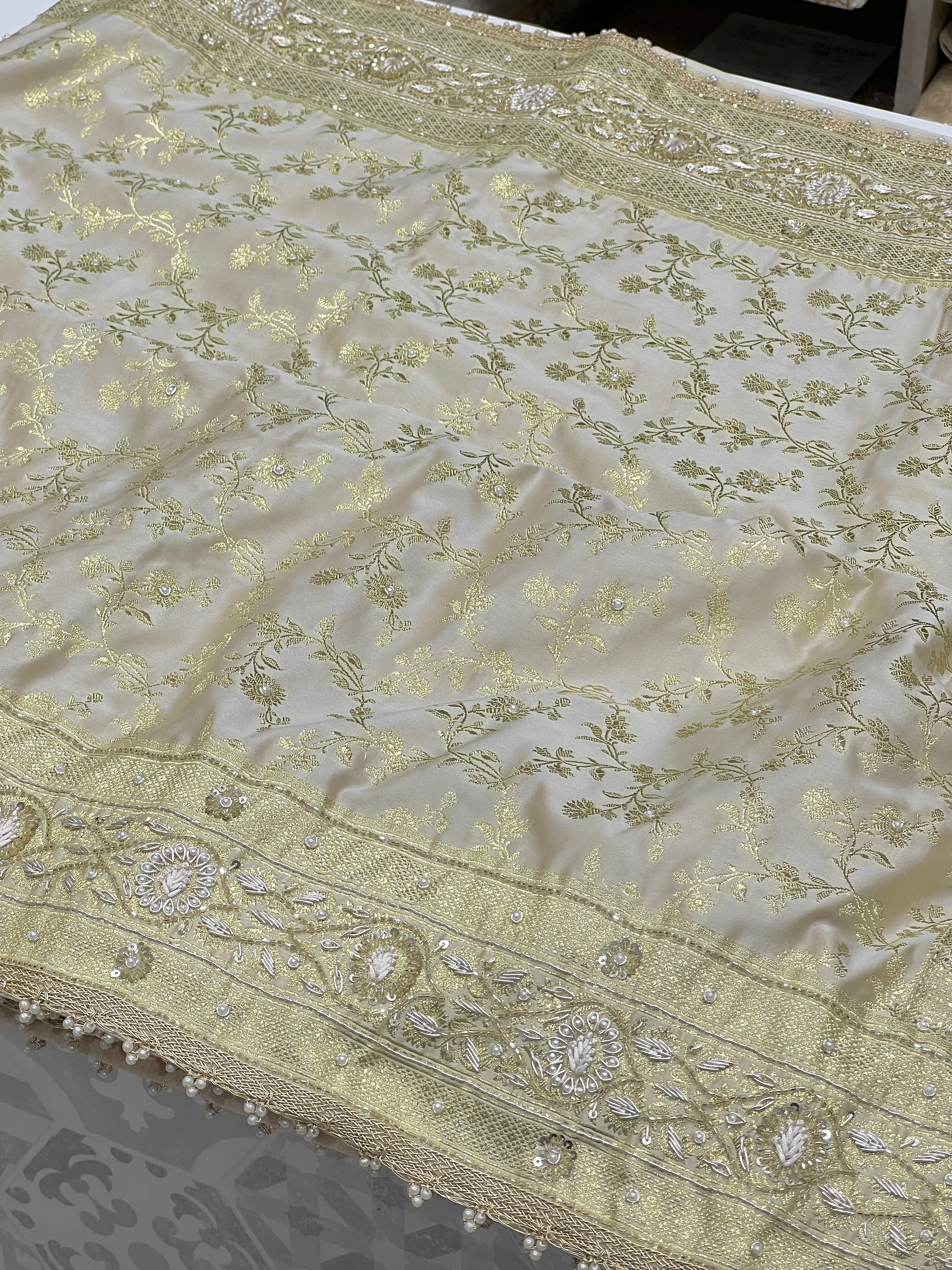 Beige Banarasi Flower Border Hand Embroidery Saree