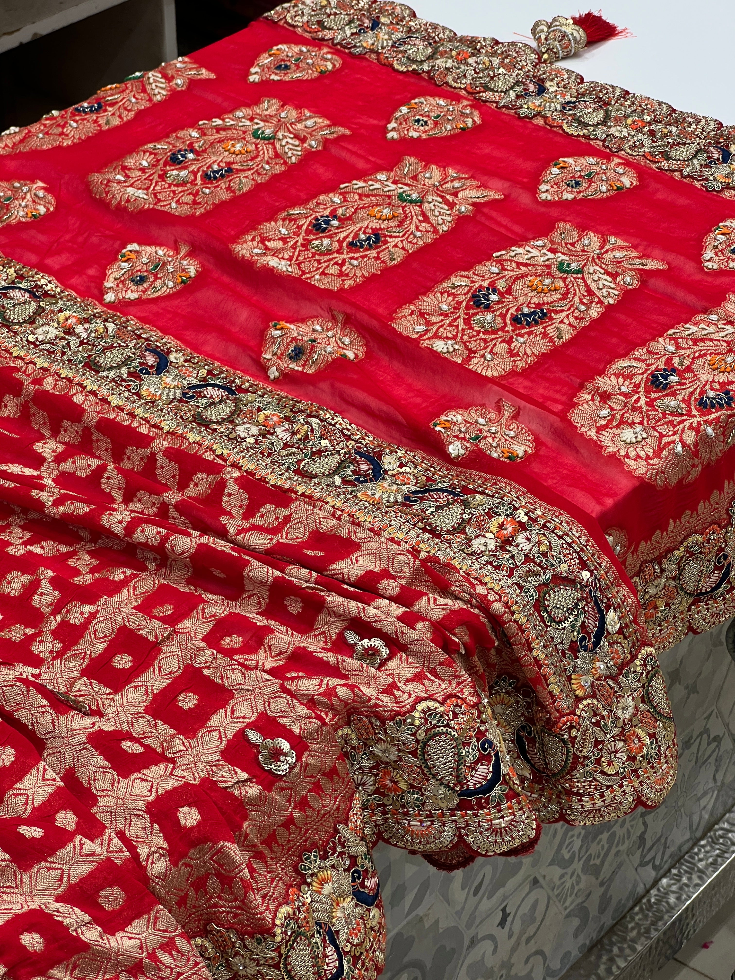 Red Gharchola Peacock Embroidered Border Saree