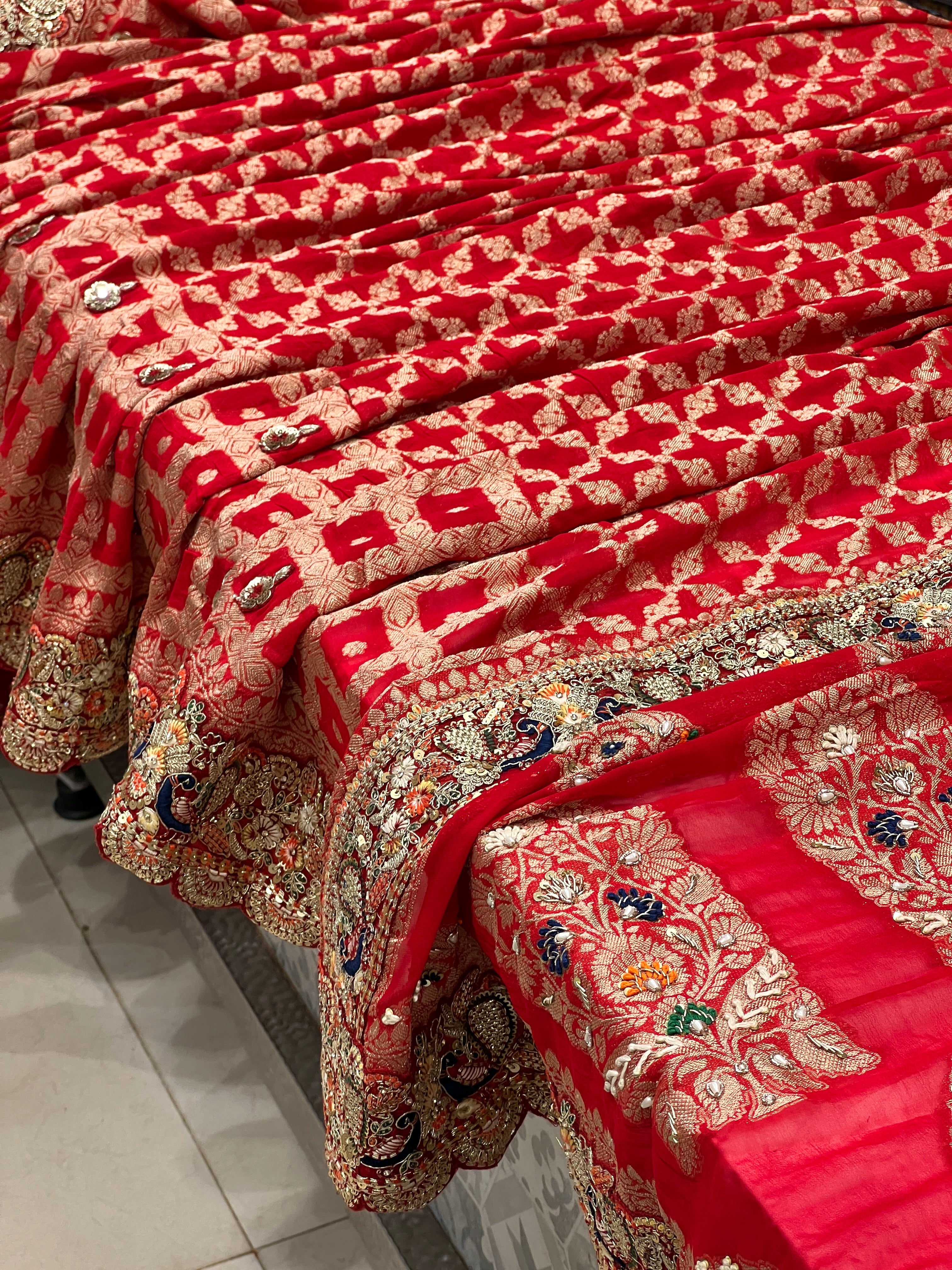 Red Gharchola Peacock Embroidered Border Saree