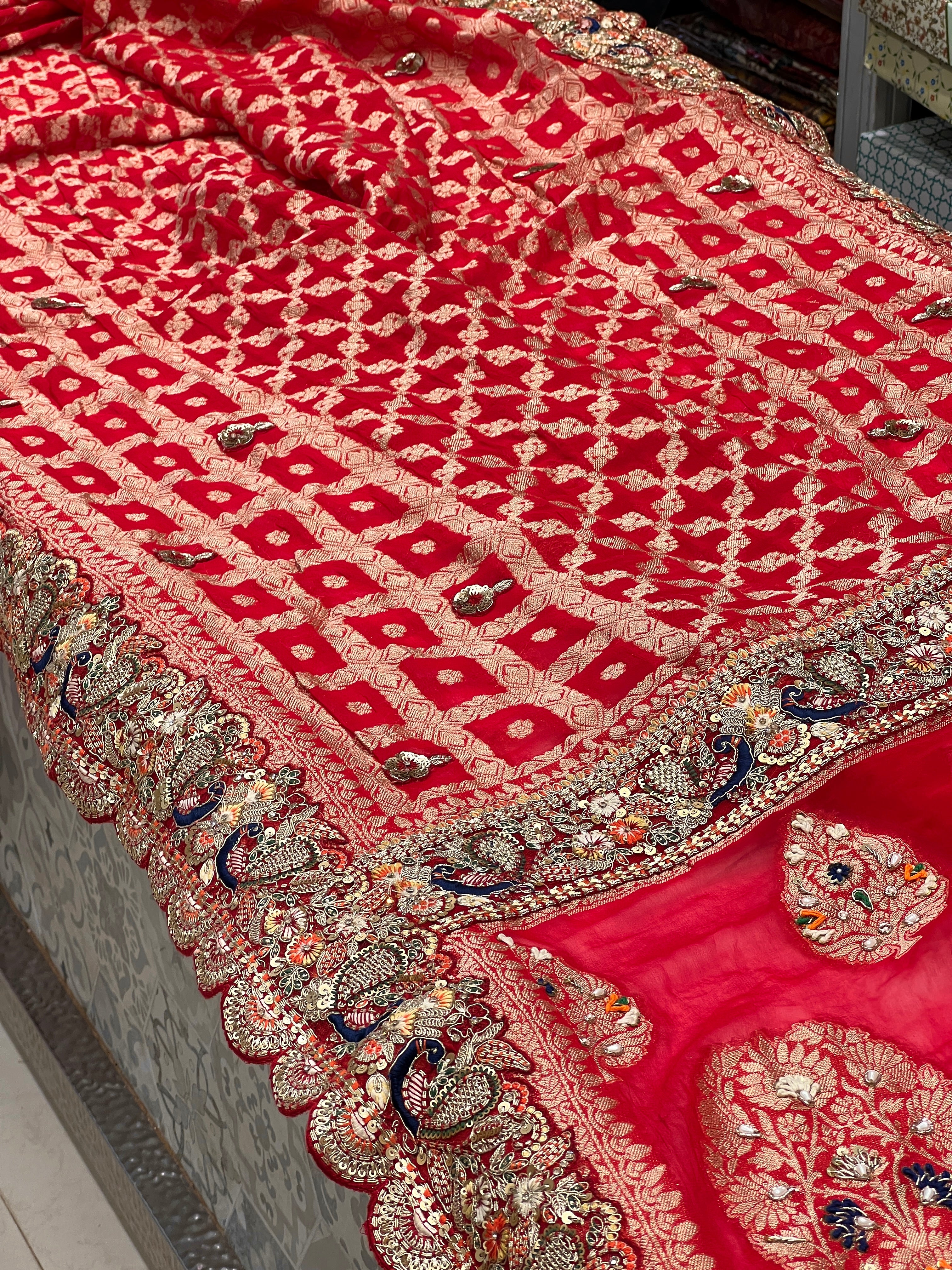 Red Gharchola Peacock Embroidered Border Saree