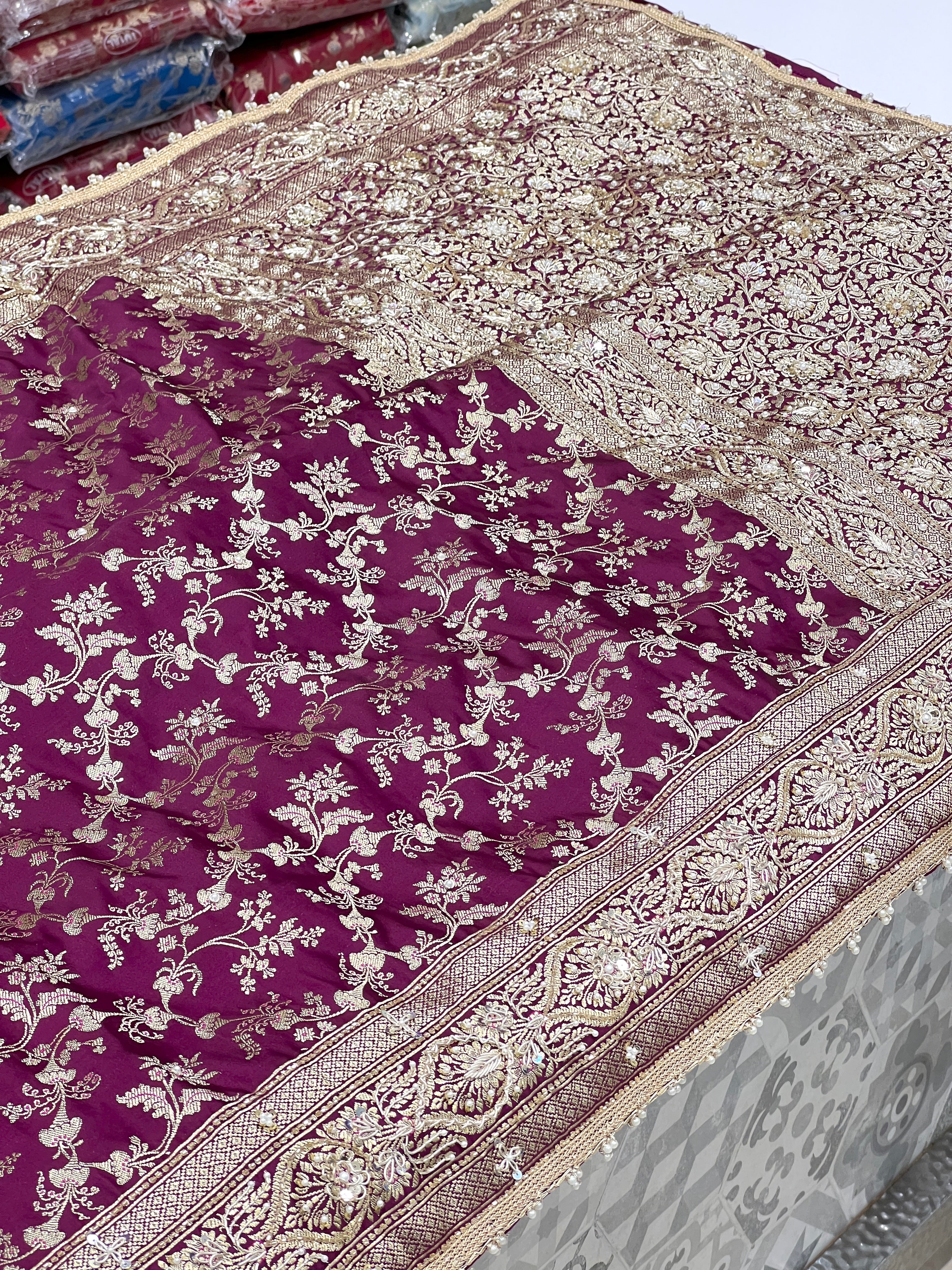 Wine Banarasi Bloom Border Hand Embroidery Saree