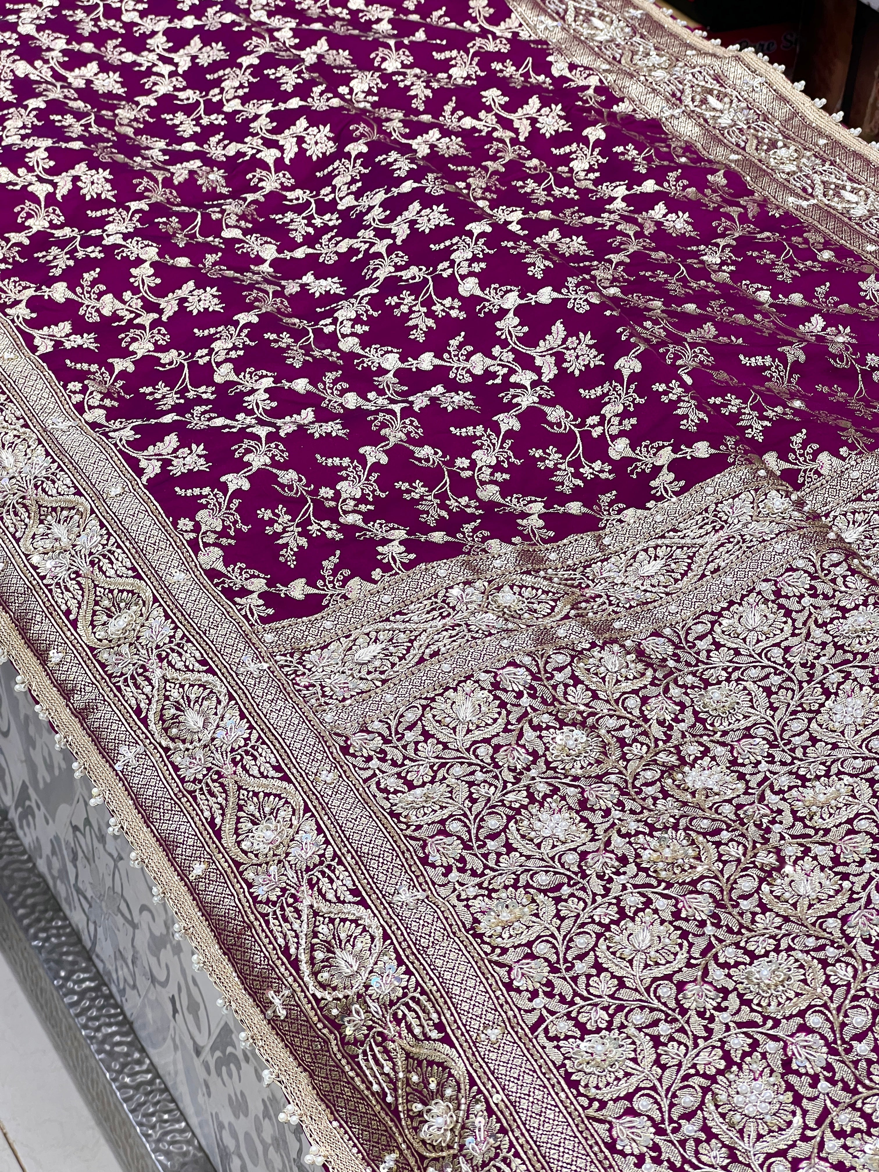 Wine Banarasi Bloom Border Hand Embroidery Saree