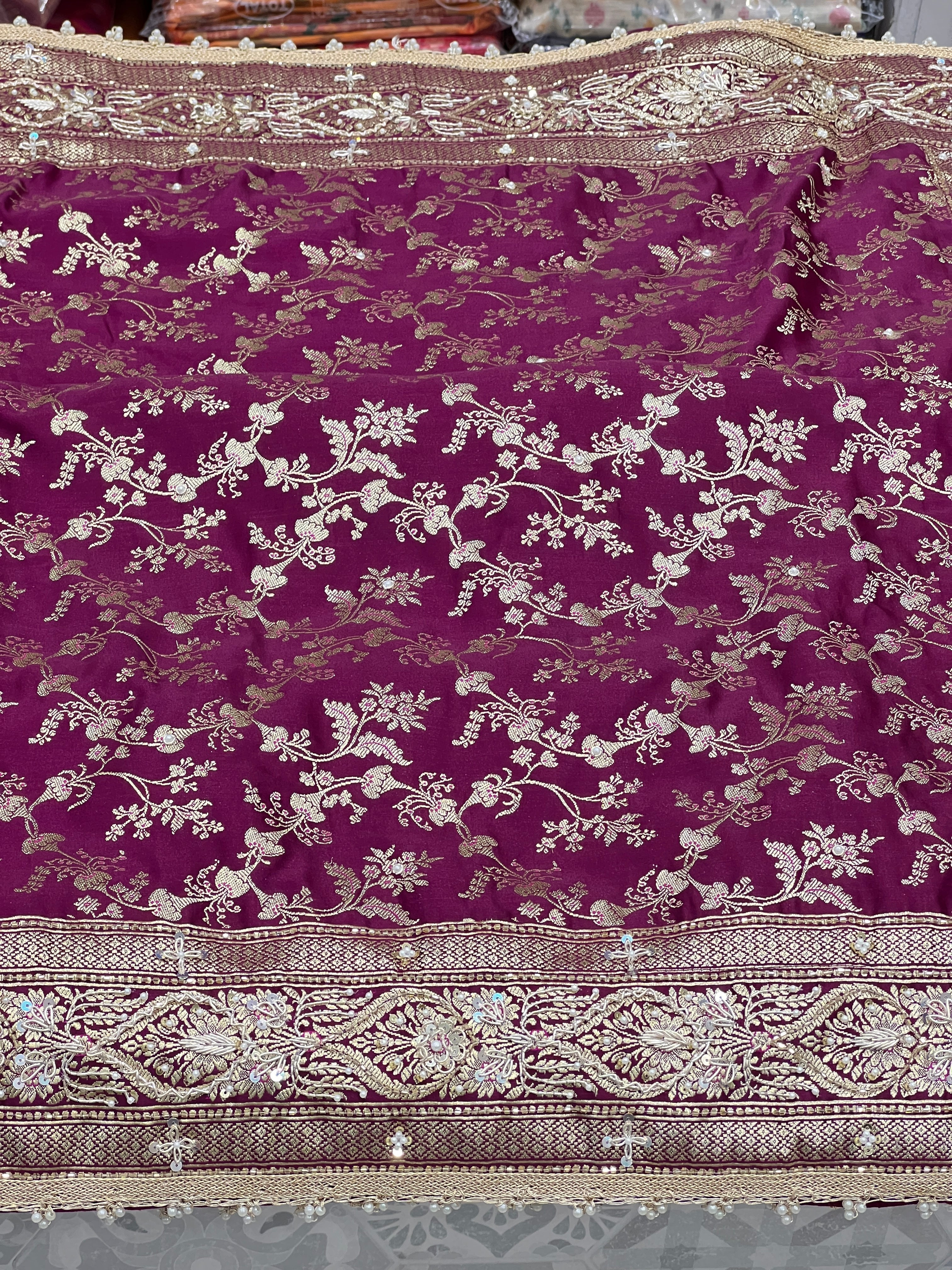 Wine Banarasi Bloom Border Hand Embroidery Saree