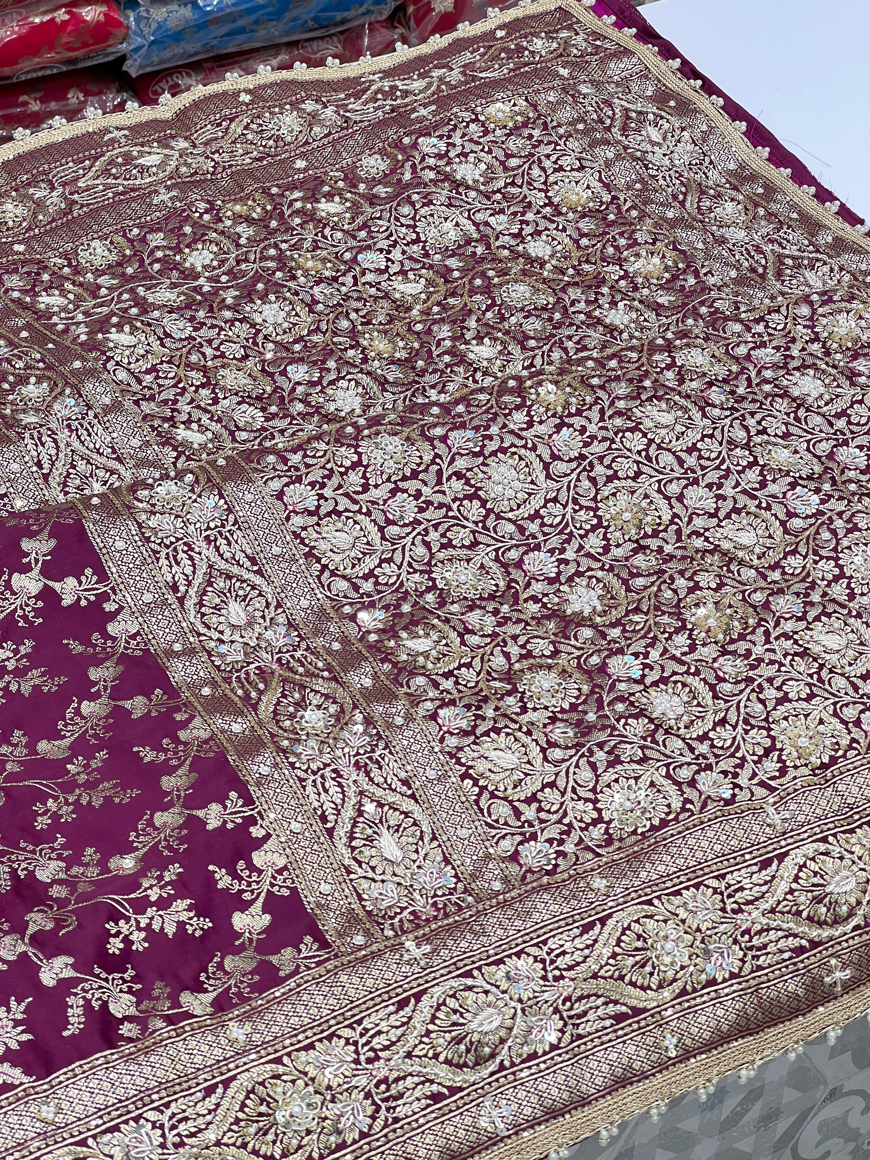 Wine Banarasi Bloom Border Hand Embroidery Saree